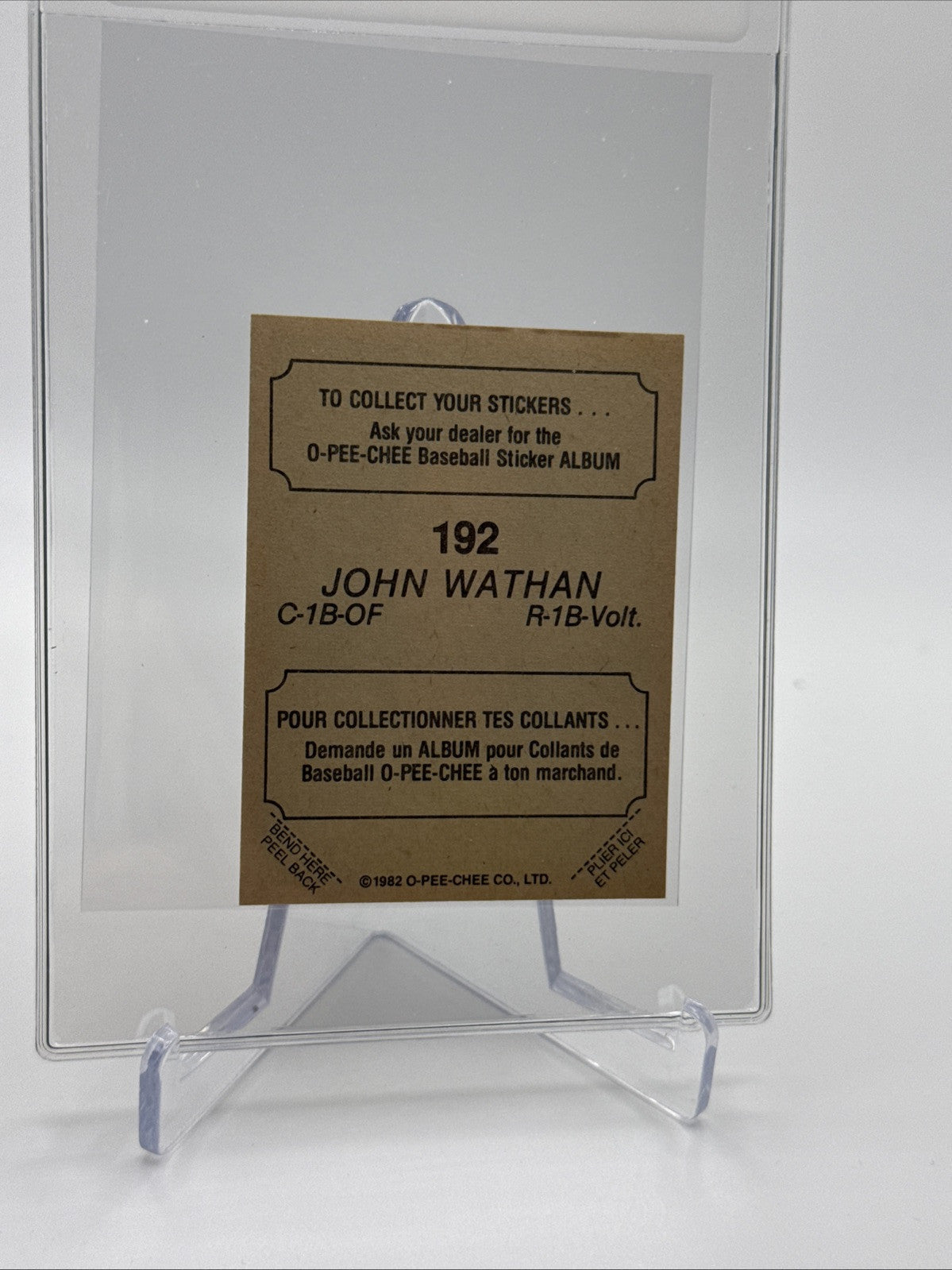 1982 O-Pee-Chee Stickers John Wathan Baseball Card #192 NM-MT FREE SHIPPING