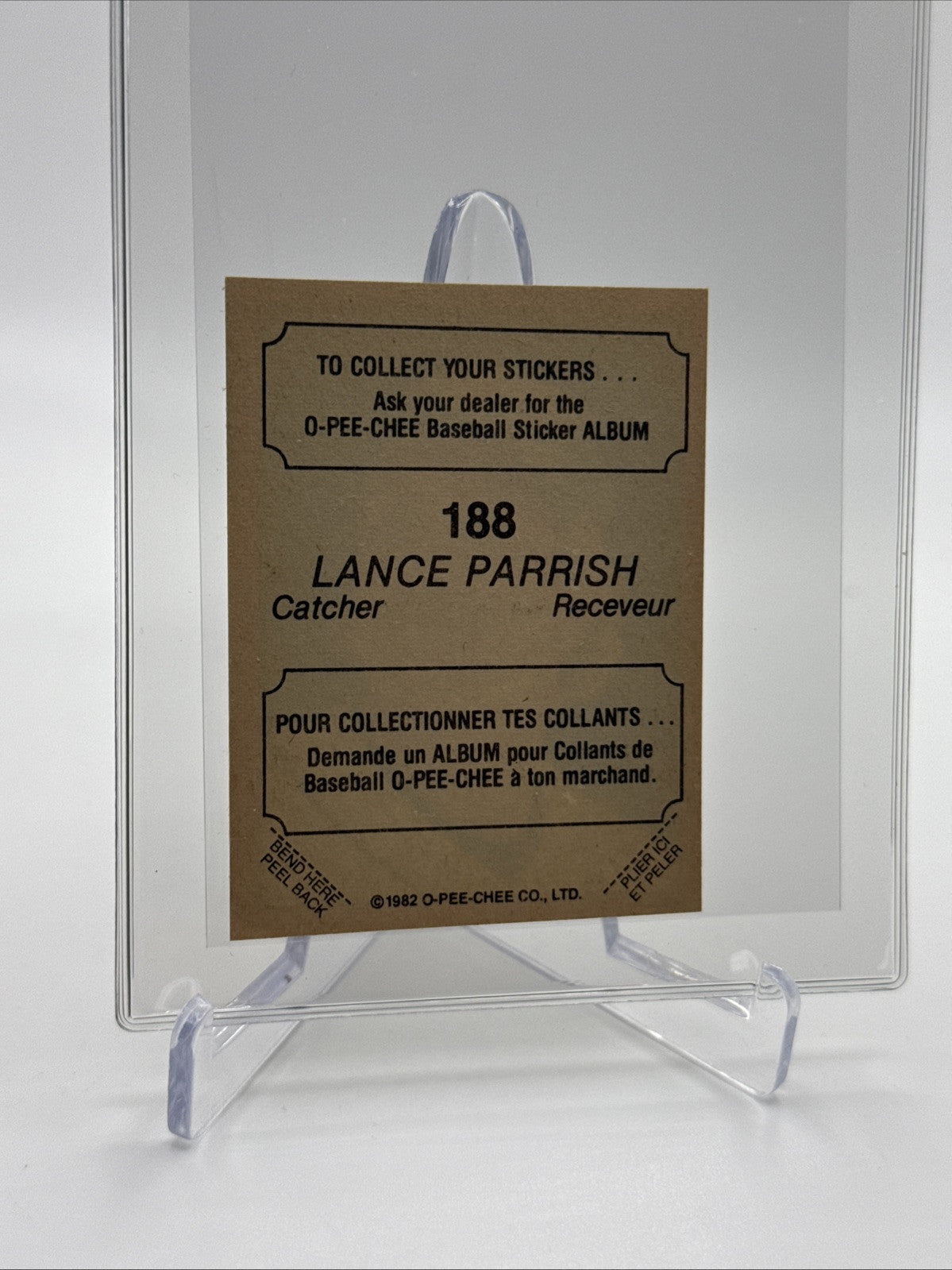 1982 O-Pee-Chee Stickers Lance Parrish Baseball Card #188 NM-MT FREE SHIPPING