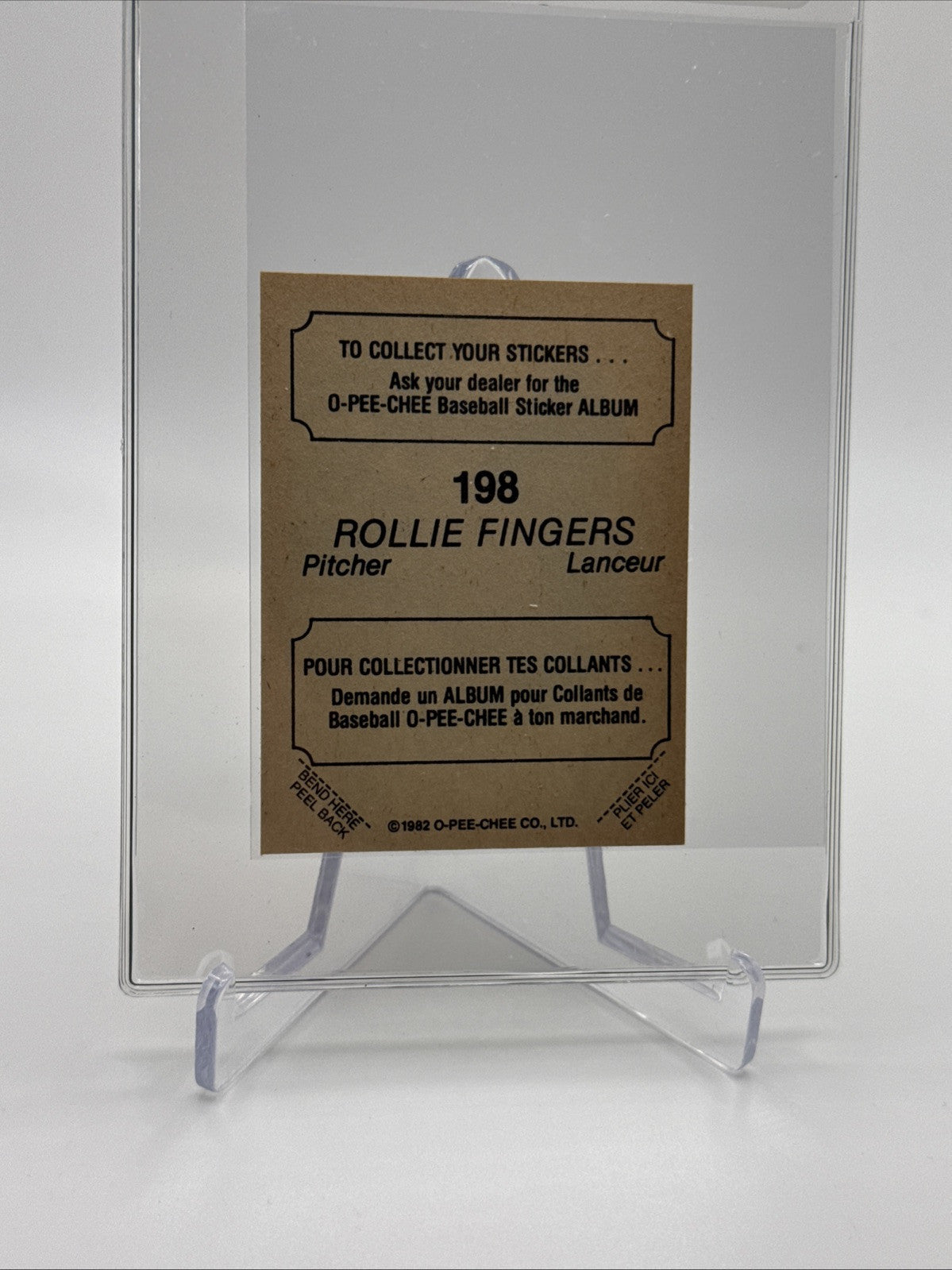 1982 O-Pee-Chee Stickers Rollie Fingers Baseball Card #198 NM-MT FREE SHIPPING