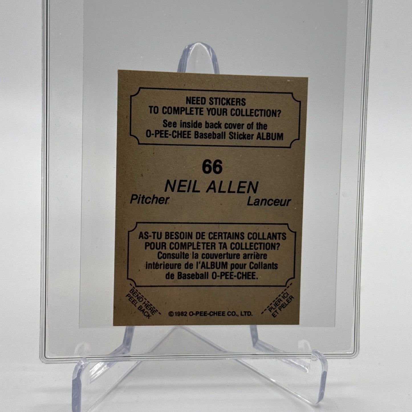 1982 O-Pee-Chee Stickers Neil Allen Baseball Card #66 NM-MT FREE SHIPPING