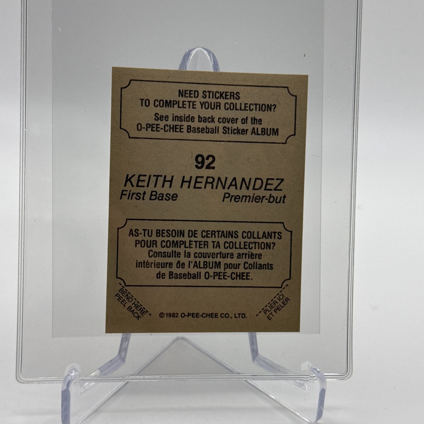 1982 O-Pee-Chee Stickers Keith Hernandez Baseball Card #92 NM-MT FREE SHIPPING