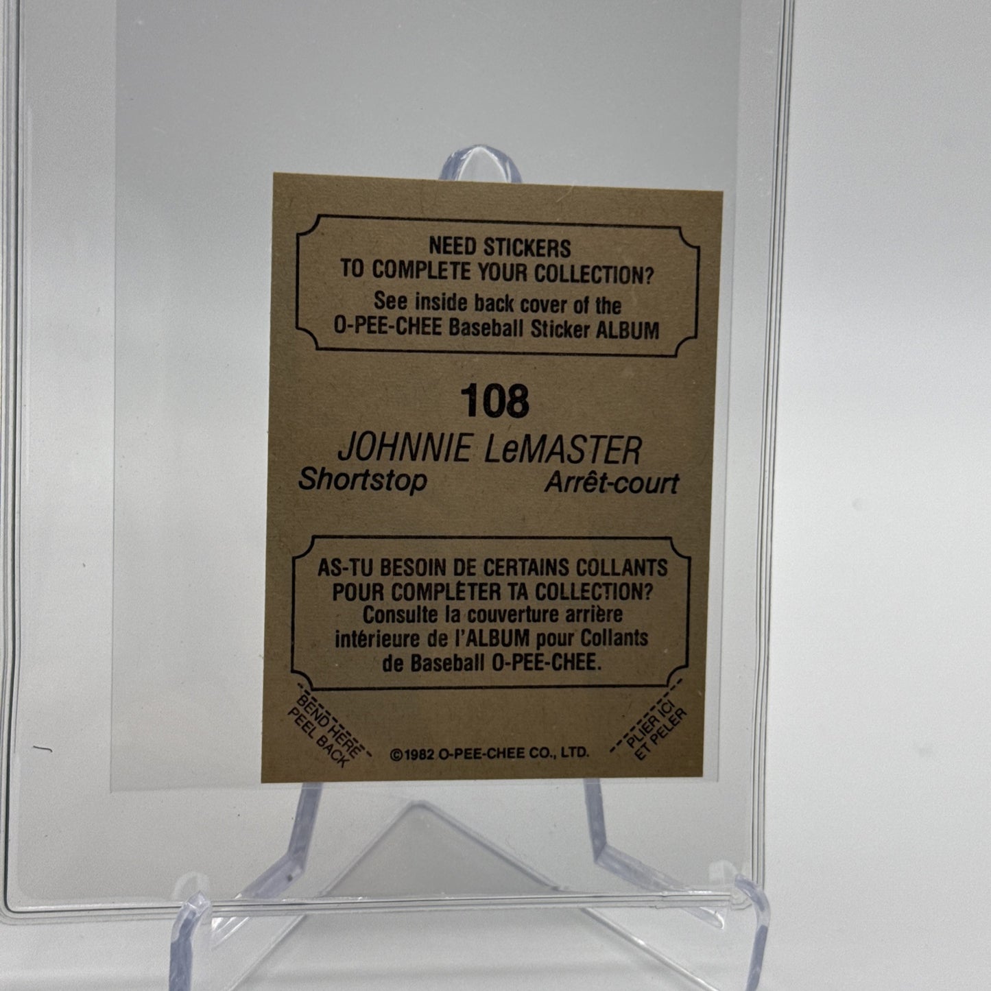 1982 O-Pee-Chee Stickers Johnnie LeMaster Baseball Card #108 NM-MT FREE SHIPPING