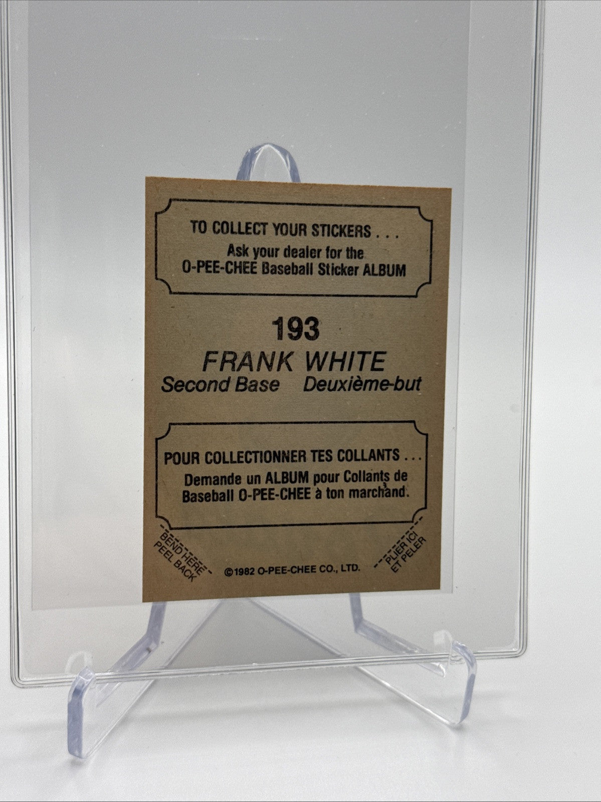 1982 O-Pee-Chee Stickers Frank White Baseball Card #193 NM-MT FREE SHIPPING