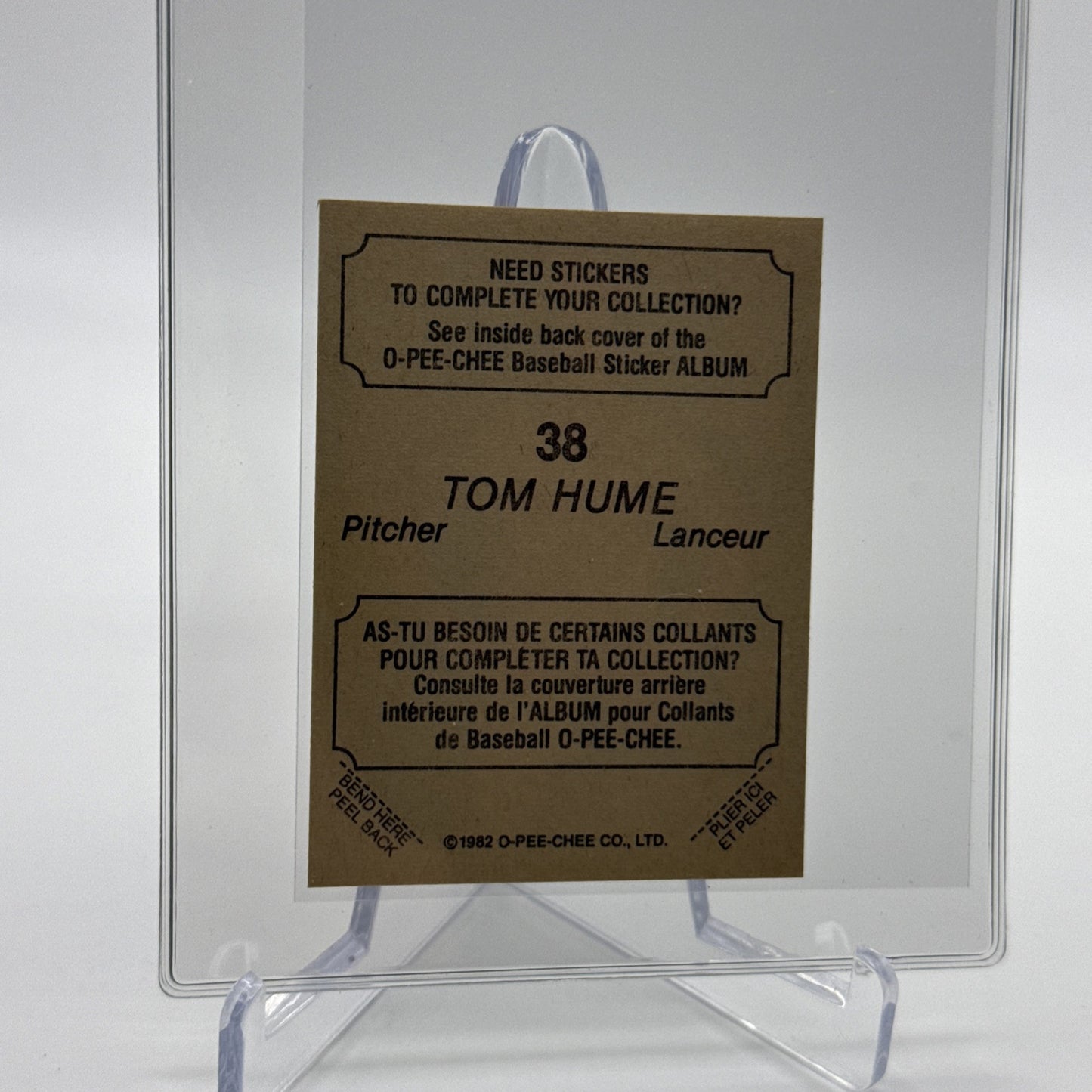 1982 O-Pee-Chee Stickers Tom Hume Baseball Card #38 NM-MT FREE SHIPPING