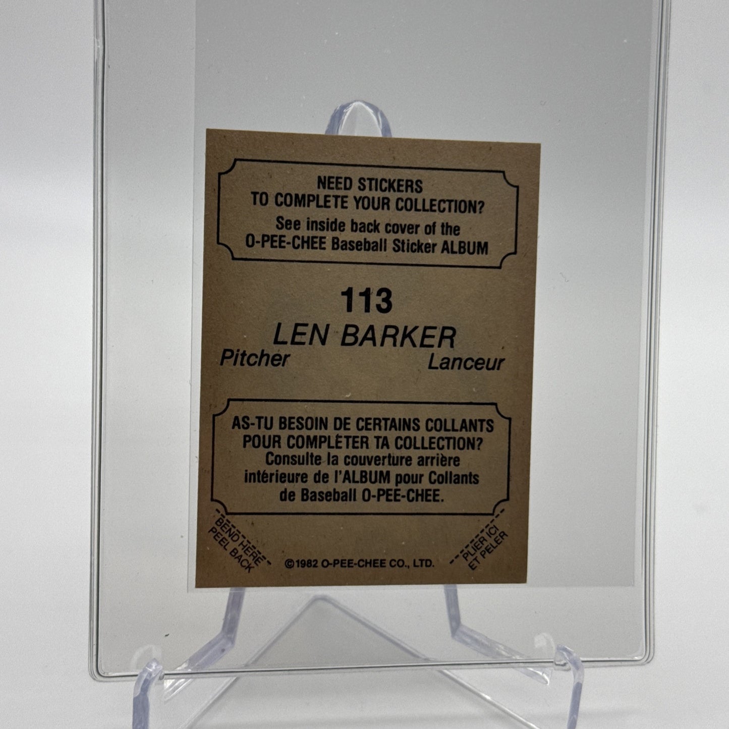 1982 O-Pee-Chee Stickers Len Barker Baseball Card #113 NM-MT FREE SHIPPING
