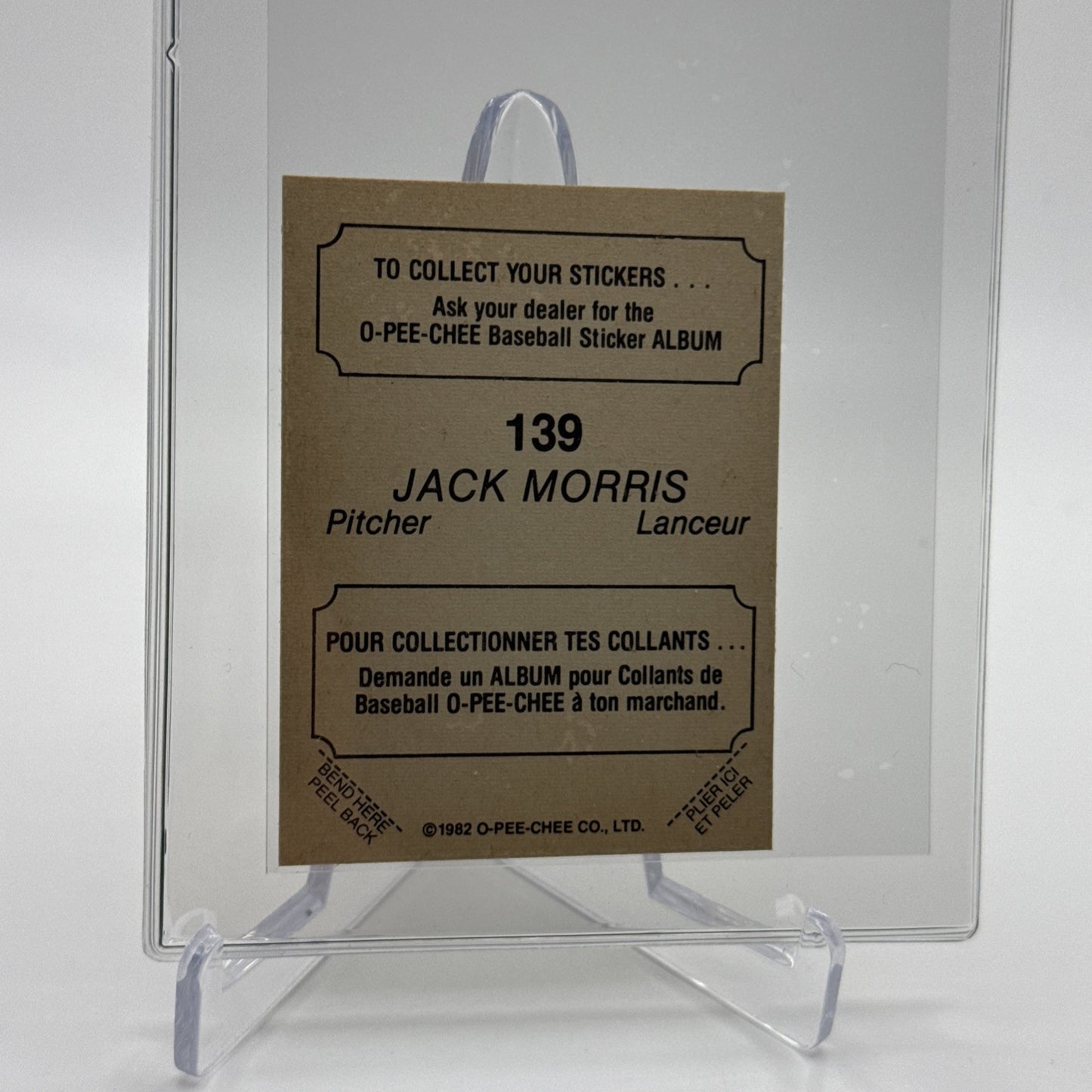 1982 O-Pee-Chee Stickers Jack Morris FOIL Card #139 NM-MT FREE SHIPPING
