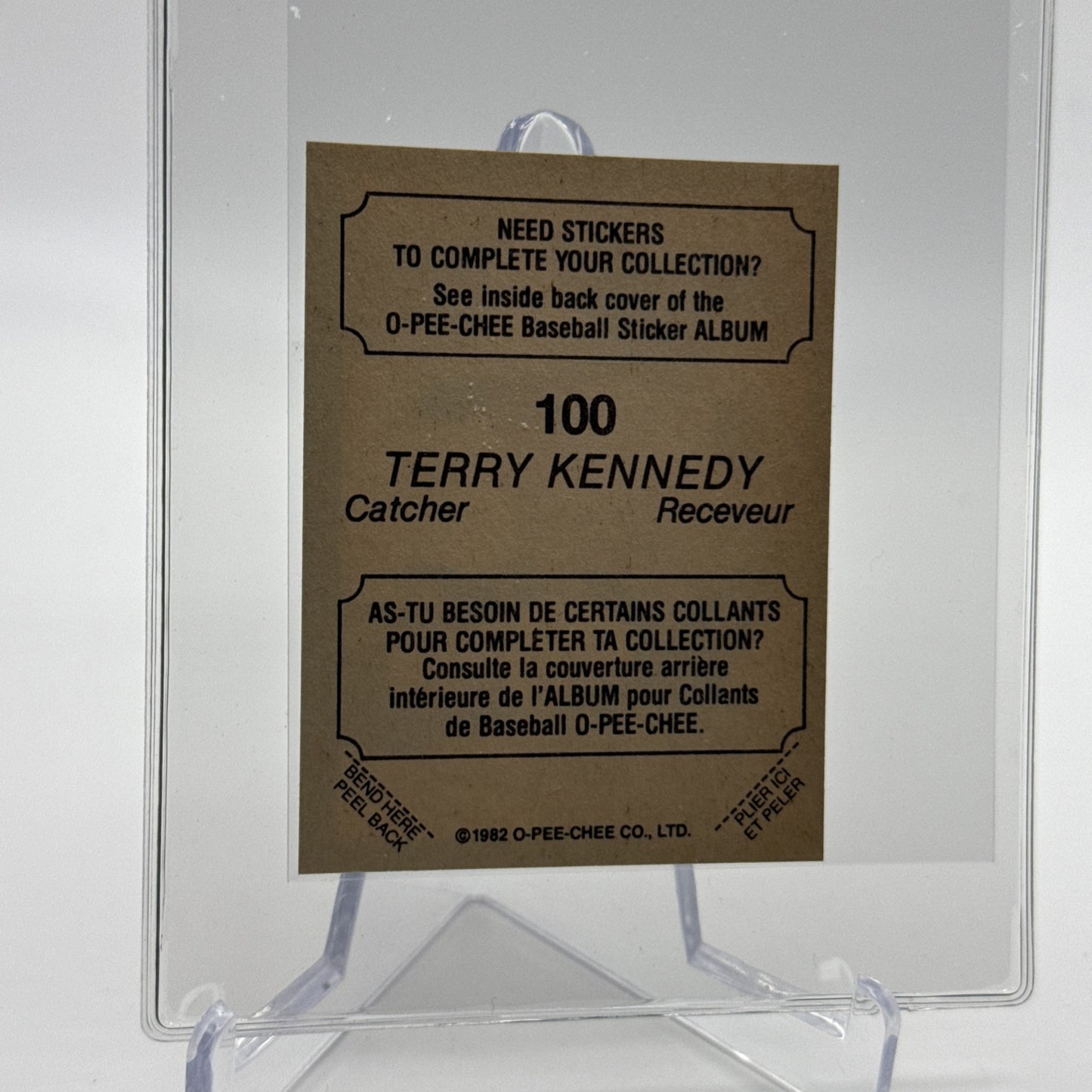 1982 O-Pee-Chee Stickers Terry Kennedy Baseball Card #100 NM-MT FREE SHIPPING