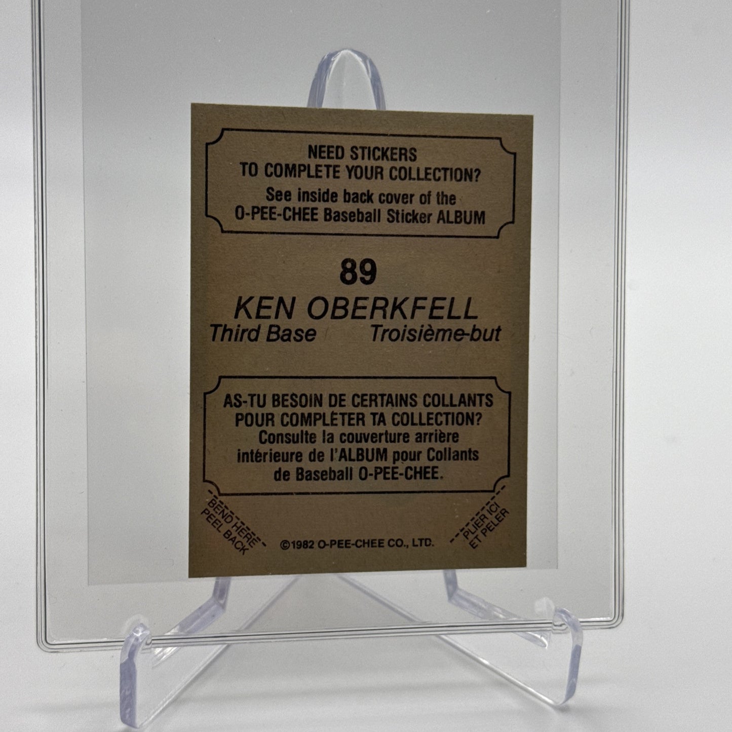 1982 O-Pee-Chee Stickers Ken Oberkfell Baseball Card #89 NM-MT FREE SHIPPING