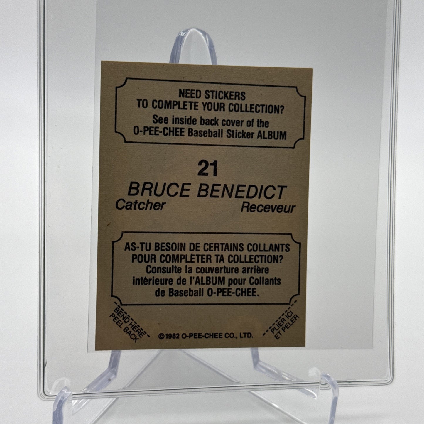 1982 O-Pee-Chee Stickers Bruce Benedict Baseball Card #21 NM-MT FREE SHIPPING