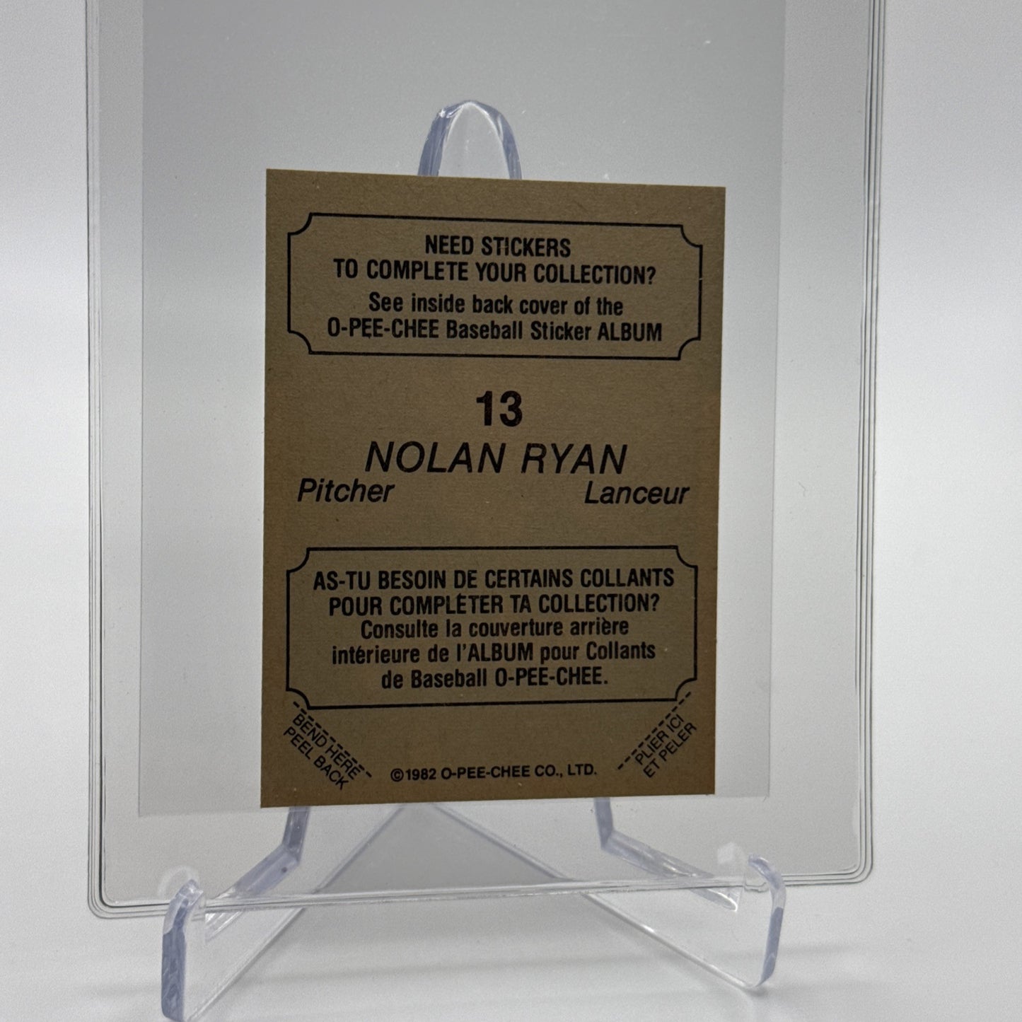 1982 O-Pee-Chee Stickers Nolan Ryan Card #13 NM-MT FREE SHIPPING