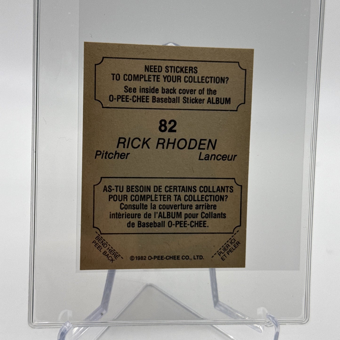 1982 O-Pee-Chee Stickers Rick Rhoden Baseball Card #82 NM-MT FREE SHIPPING