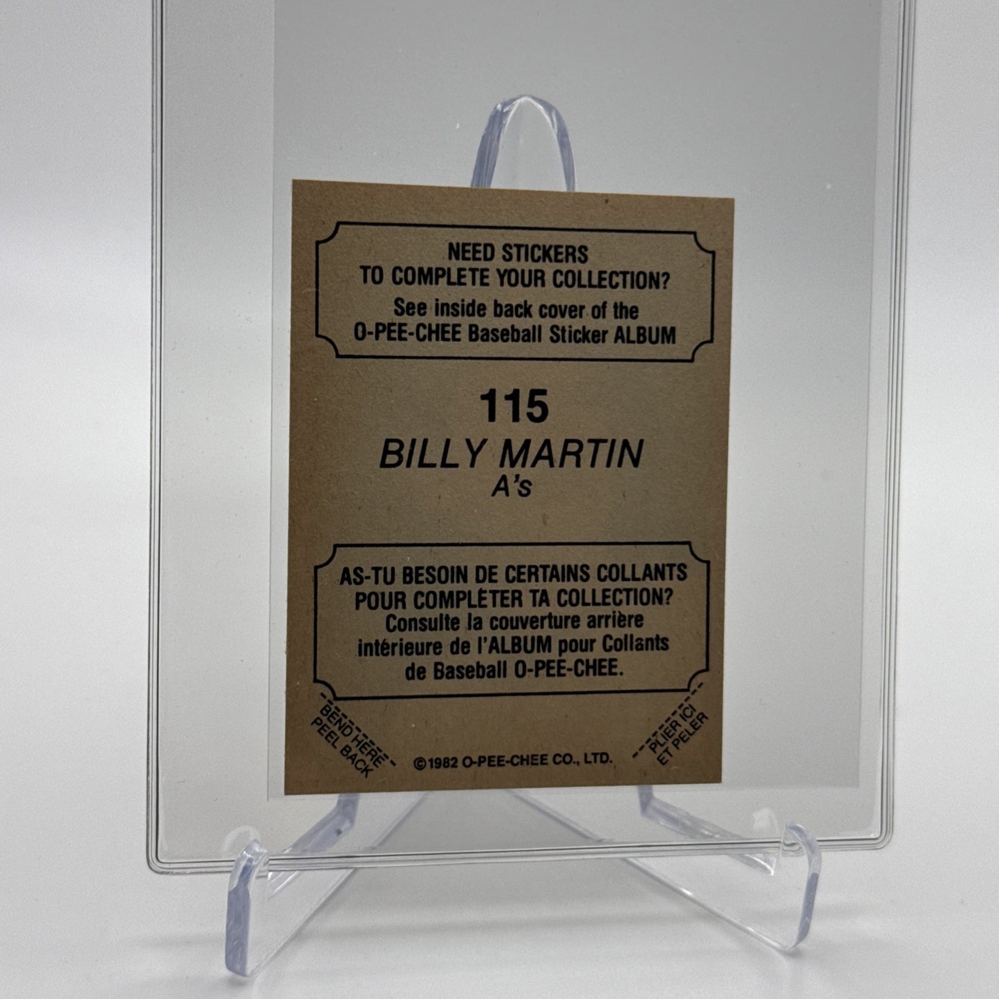 1982 O-Pee-Chee Stickers Billy Martin Baseball Card #115 NM-MT FREE SHIPPING