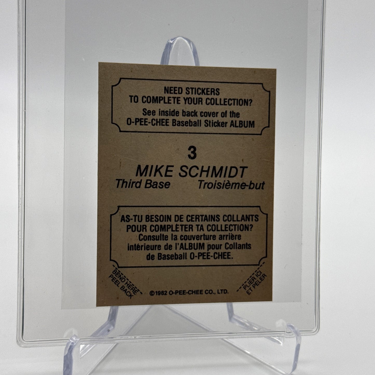 1982 O-Pee-Chee Stickers Mike Schmidt Baseball Card #3 NM-MT FREE SHIPPING