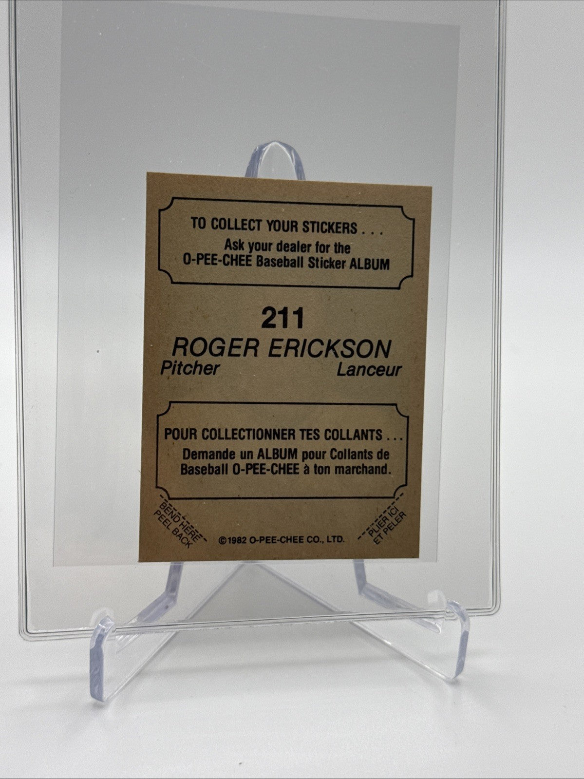 1982 O-Pee-Chee Stickers Roger Erickson Baseball Card #211 NM-MT FREE SHIPPING