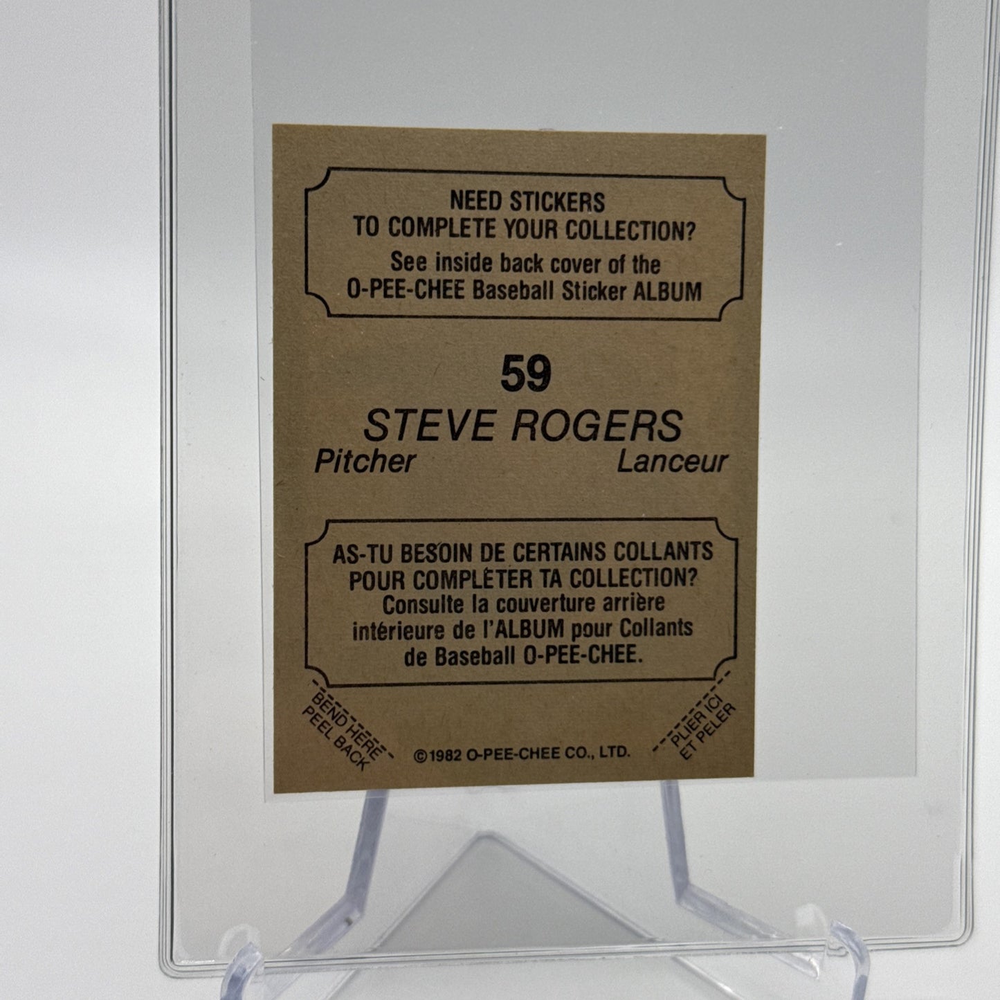 1982 O-Pee-Chee Stickers Steve Rogers Baseball Card #59 NM-MT FREE SHIPPING