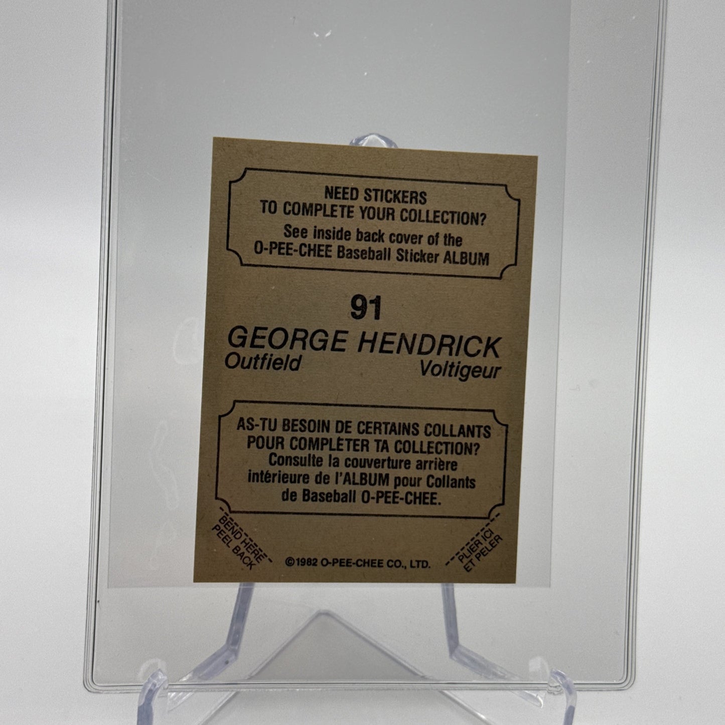 1982 O-Pee-Chee Stickers George Hendrick Baseball Card #91 NM-MT FREE SHIPPING