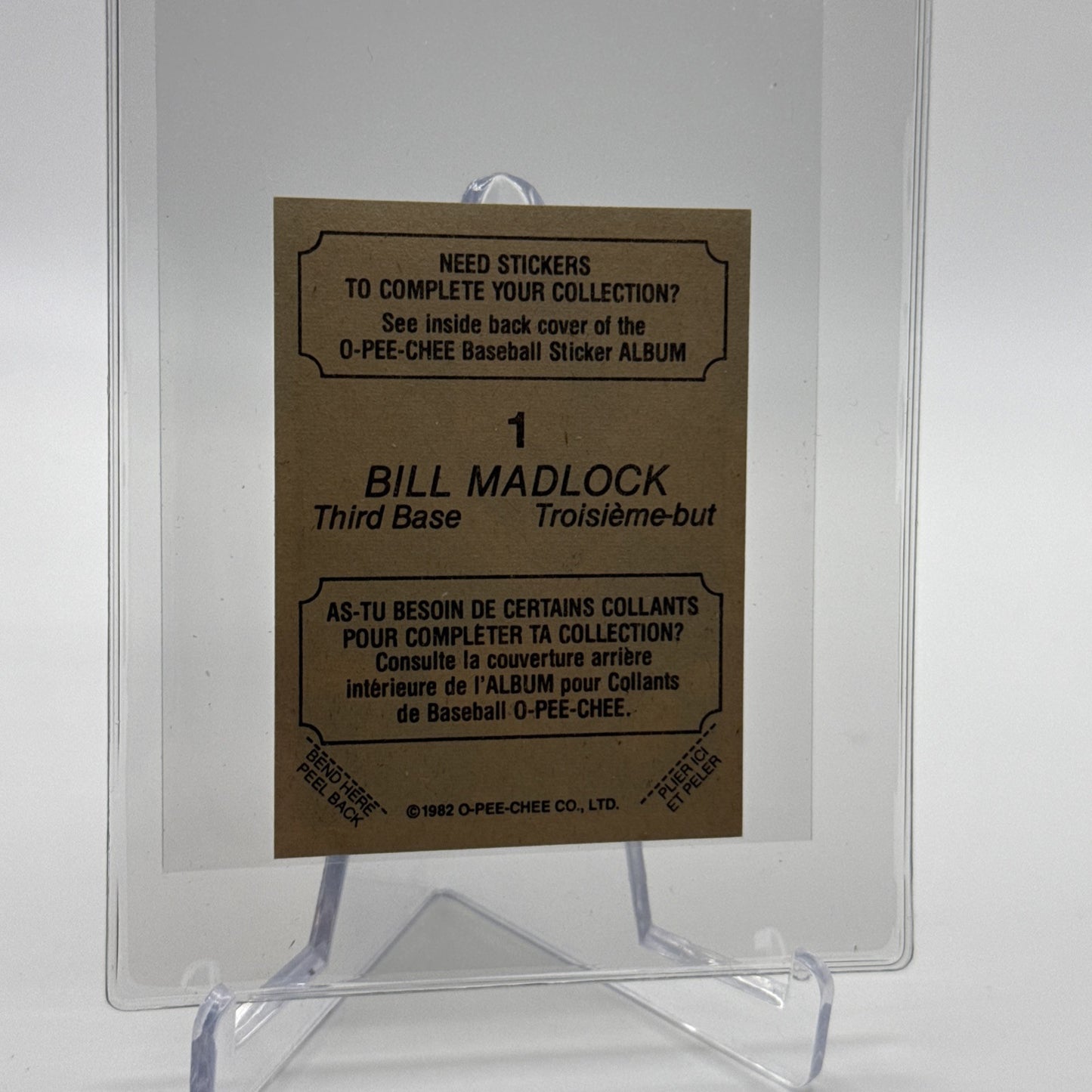 1982 O-Pee-Chee Stickers Bill Madlock Baseball Card #1 NM-MT FREE SHIPPING