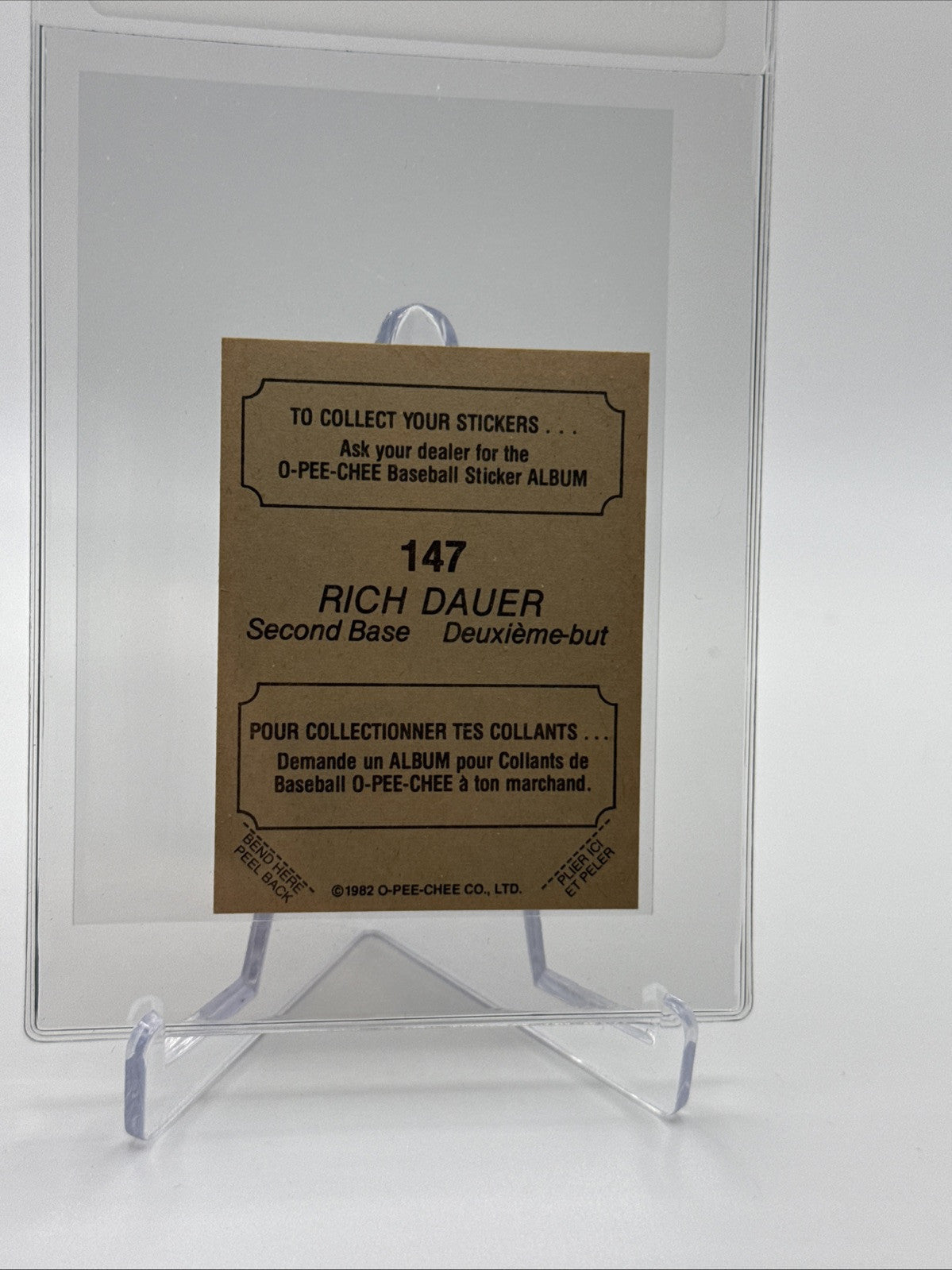 1982 O-Pee-Chee Stickers Rich Dauer Baseball Card #147 NM-MT FREE SHIPPING