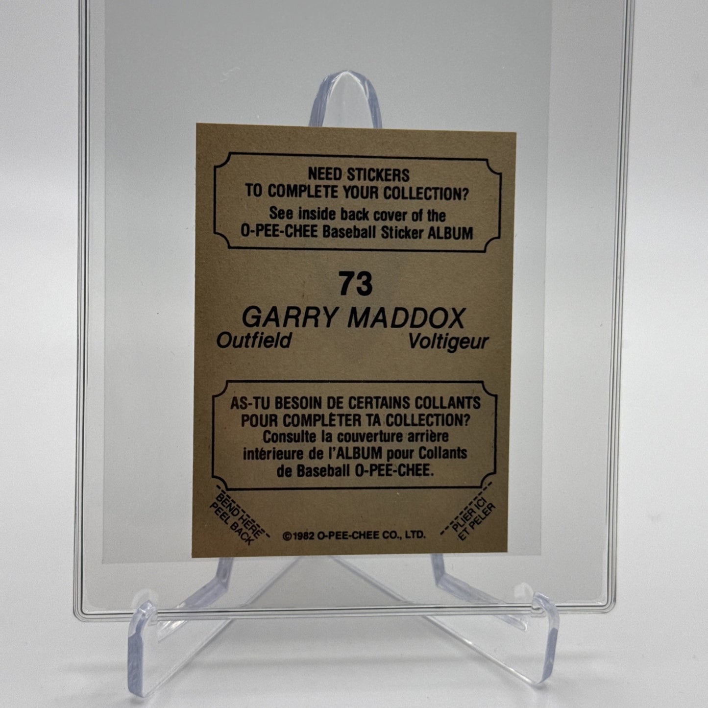 1982 O-Pee-Chee Stickers Garry Maddox Baseball Card #73 NM-MT FREE SHIPPING