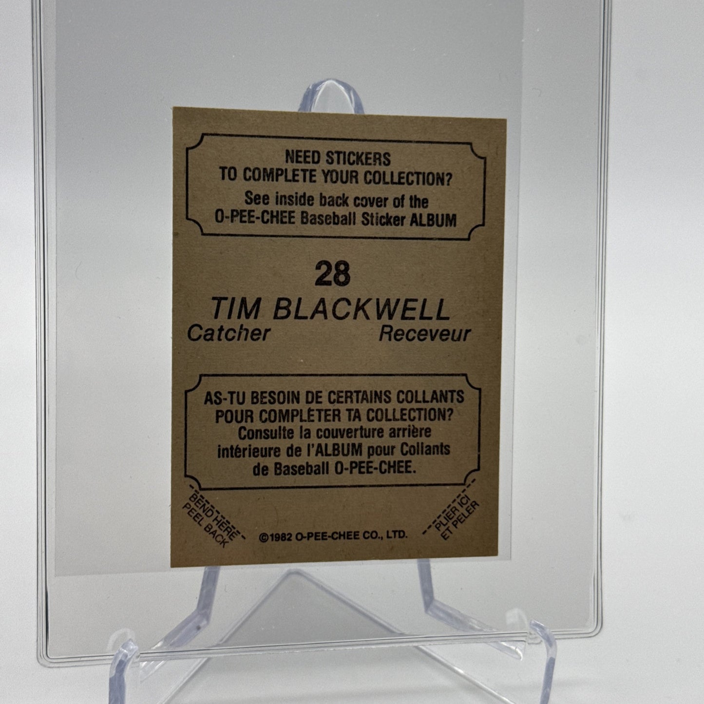 1982 O-Pee-Chee Stickers Tim Blackwell Baseball Card #28 NM-MT FREE SHIPPING
