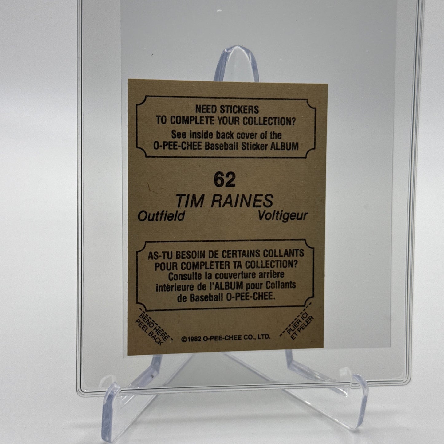 1982 O-Pee-Chee Stickers Tim Raines Baseball Card #62 NM-MT FREE SHIPPING