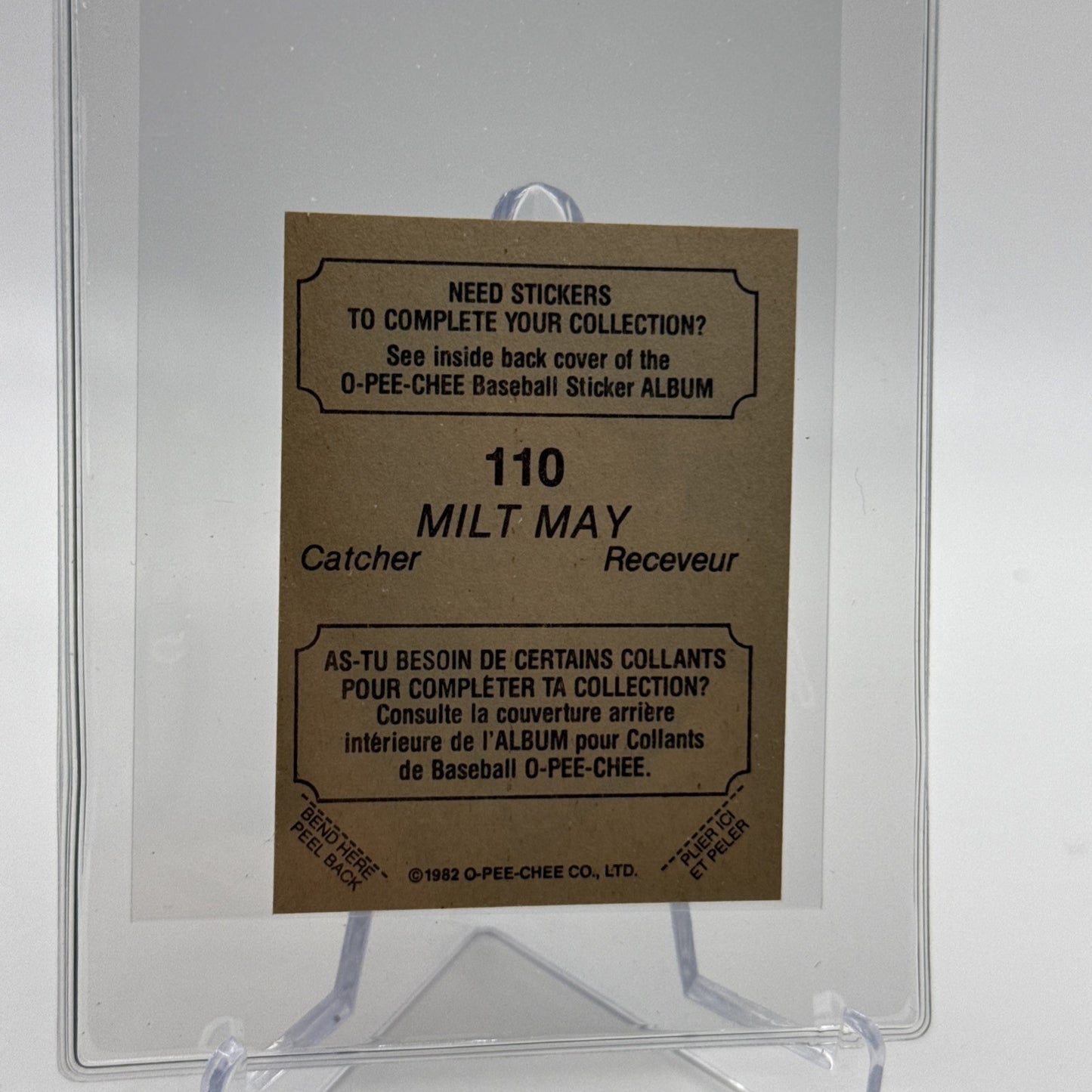 1982 O-Pee-Chee Stickers Milt May Baseball Card #110 NM-MT FREE SHIPPING