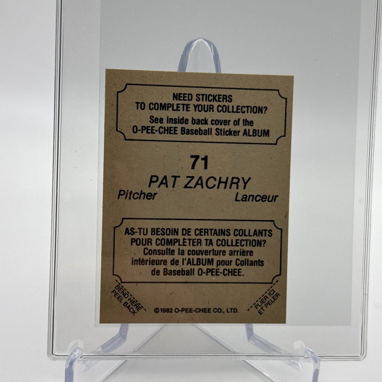 1982 O-Pee-Chee Stickers Pat Zachry Baseball Card #71 NM-MT FREE SHIPPING