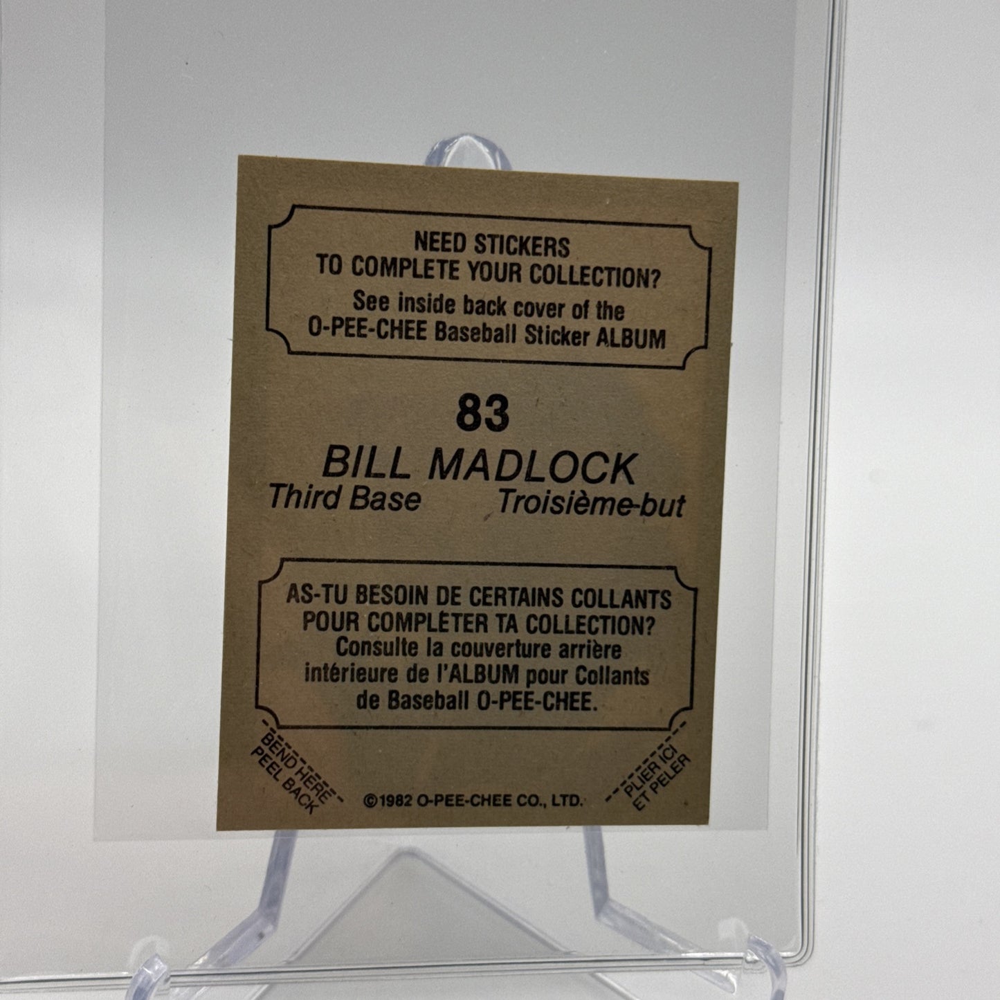 1982 O-Pee-Chee Stickers Bill Madlock Baseball Card #83 NM-MT FREE SHIPPING
