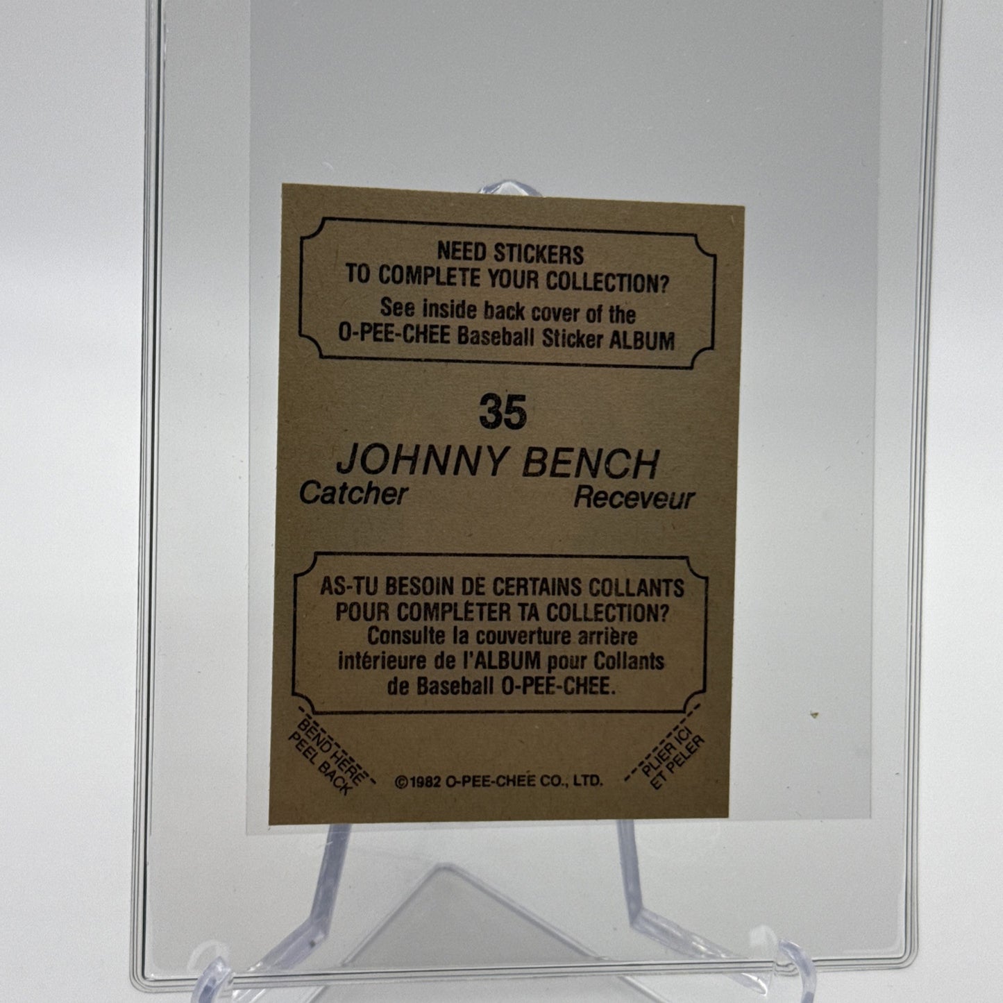 1982 O-Pee-Chee Stickers Johnny Bench Baseball Card #35 NM-MT FREE SHIPPING