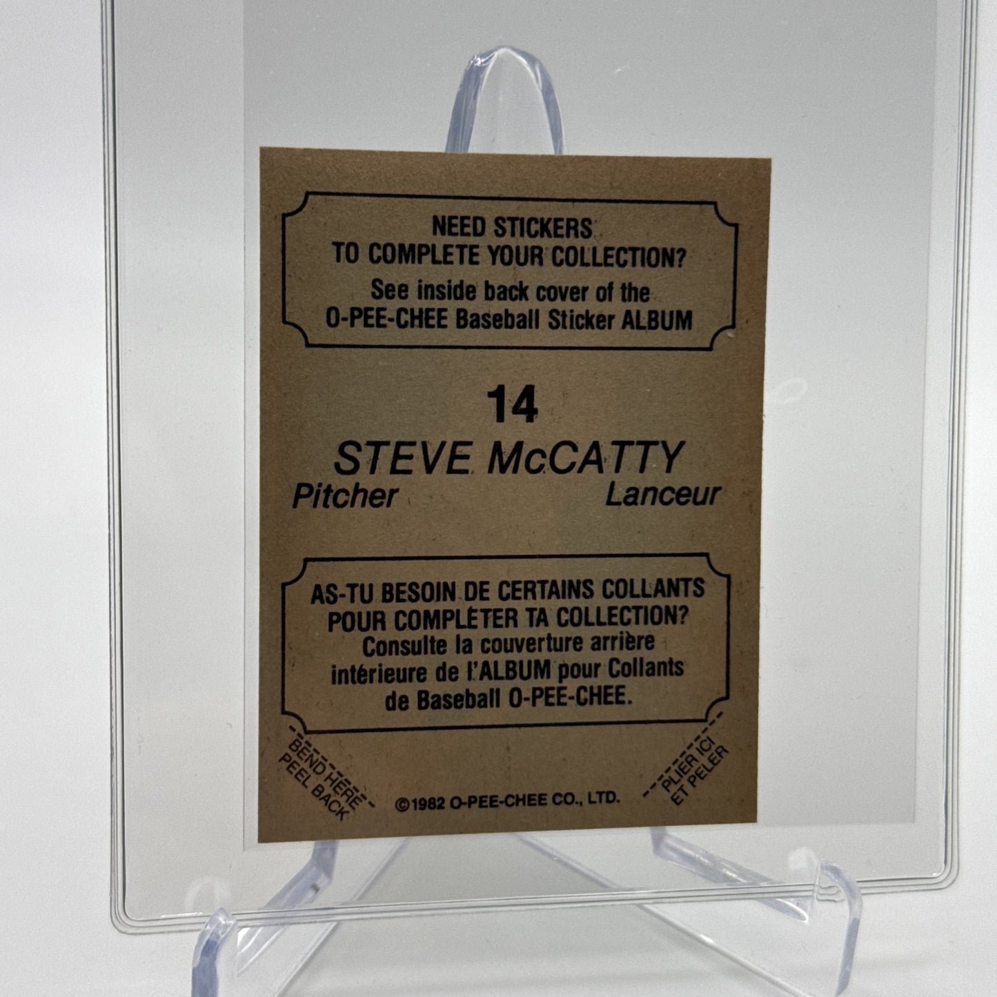 1982 O-Pee-Chee Stickers Steve McCatty Card #14 NM-MT FREE SHIPPING