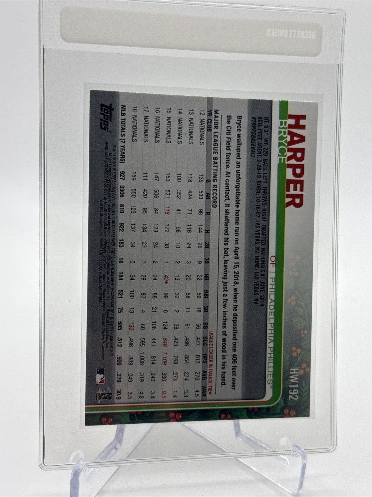 2019 Topps HOLIDAY Bryce Harper Baseball Card #HW192 Mint FREE SHIPPING