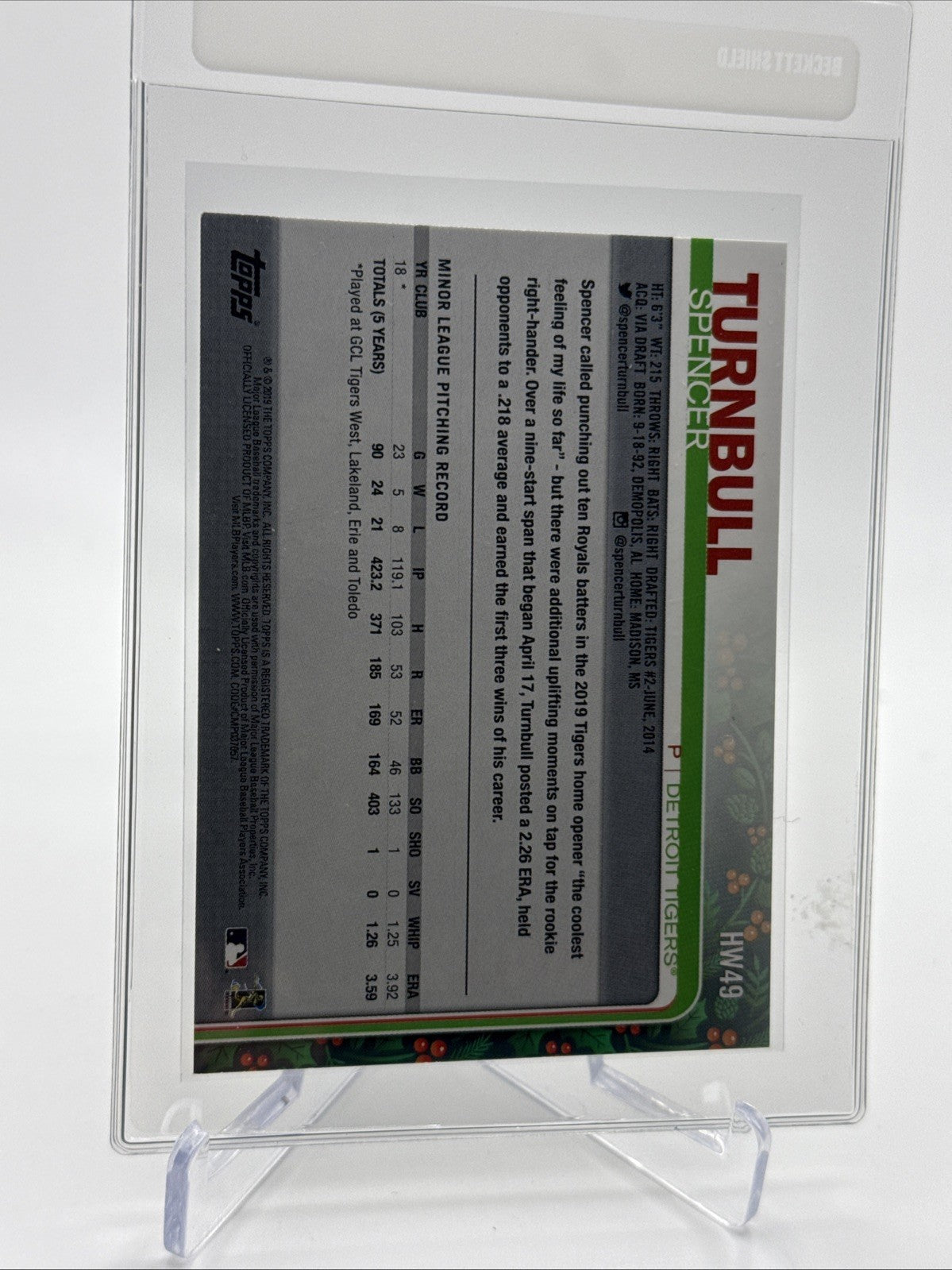 2019 Topps HOLIDAY METALLIC Spencer Turnbull RC #HW49 Mint FREE SHIPPING