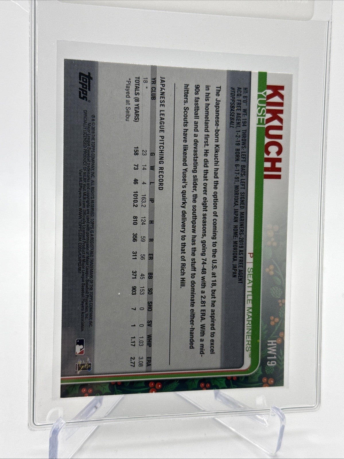 2019 Topps HOLIDAY Yusei Kikuchi Rookie Baseball Card #HW19 Mint FREE SHIPPING