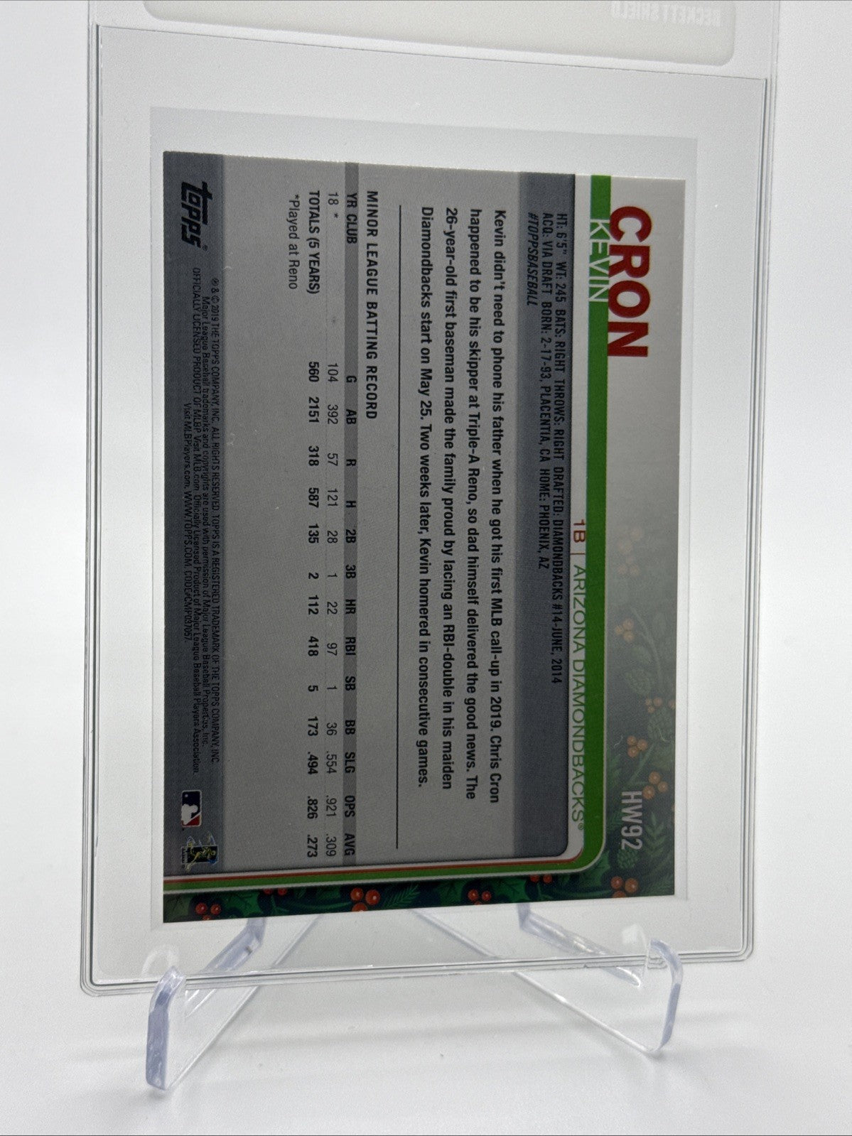 2019 Topps HOLIDAY METALLIC Kevin Cron Rookie Card #HW92 Mint FREE SHIPPING