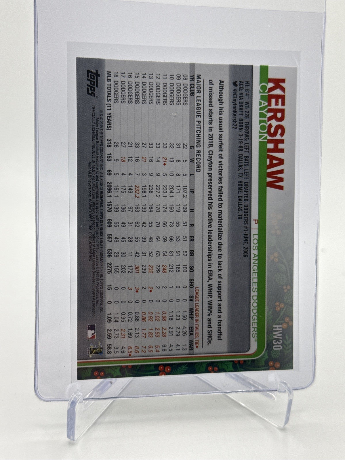 2019 Topps HOLIDAY Clayton Kershaw Baseball Card #HW30 Mint FREE SHIPPING