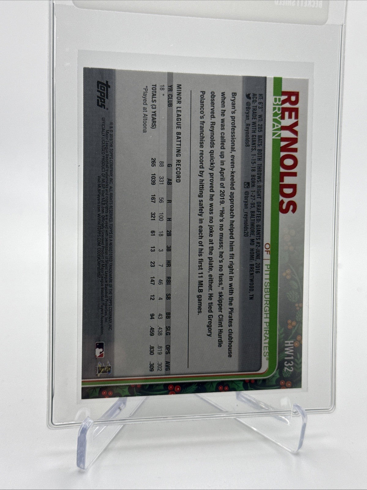 2019 Topps HOLIDAY Bryan Reynolds Rookie Baseball Card #HW132 Mint FREE SHIPPING