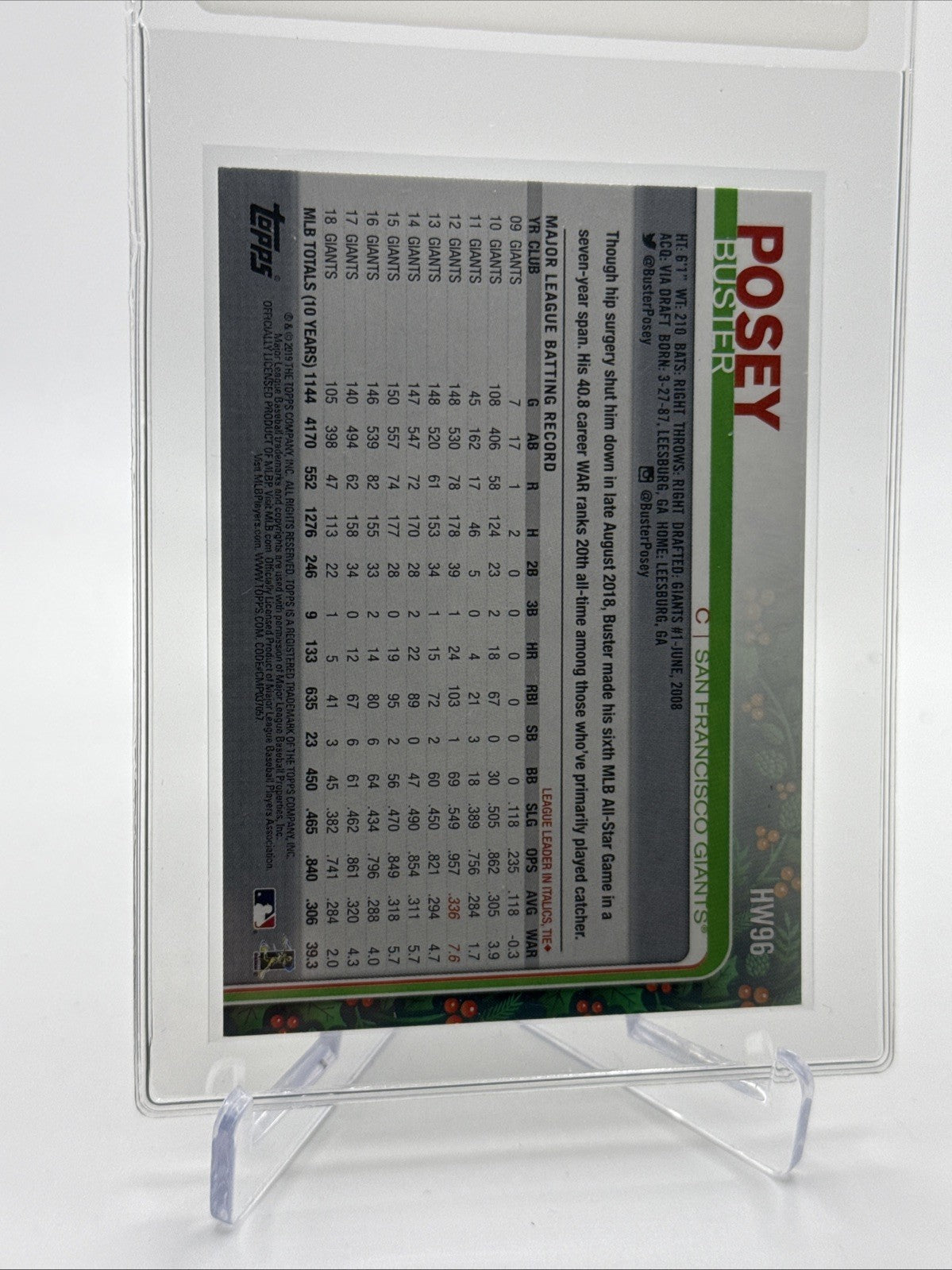 2019 Topps HOLIDAY Buster Posey Baseball Card #HW96 Mint FREE SHIPPING