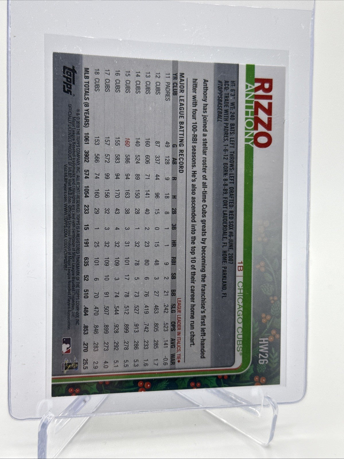 2019 Topps HOLIDAY Anthony Rizzo Baseball Card #HW26 Mint FREE SHIPPING