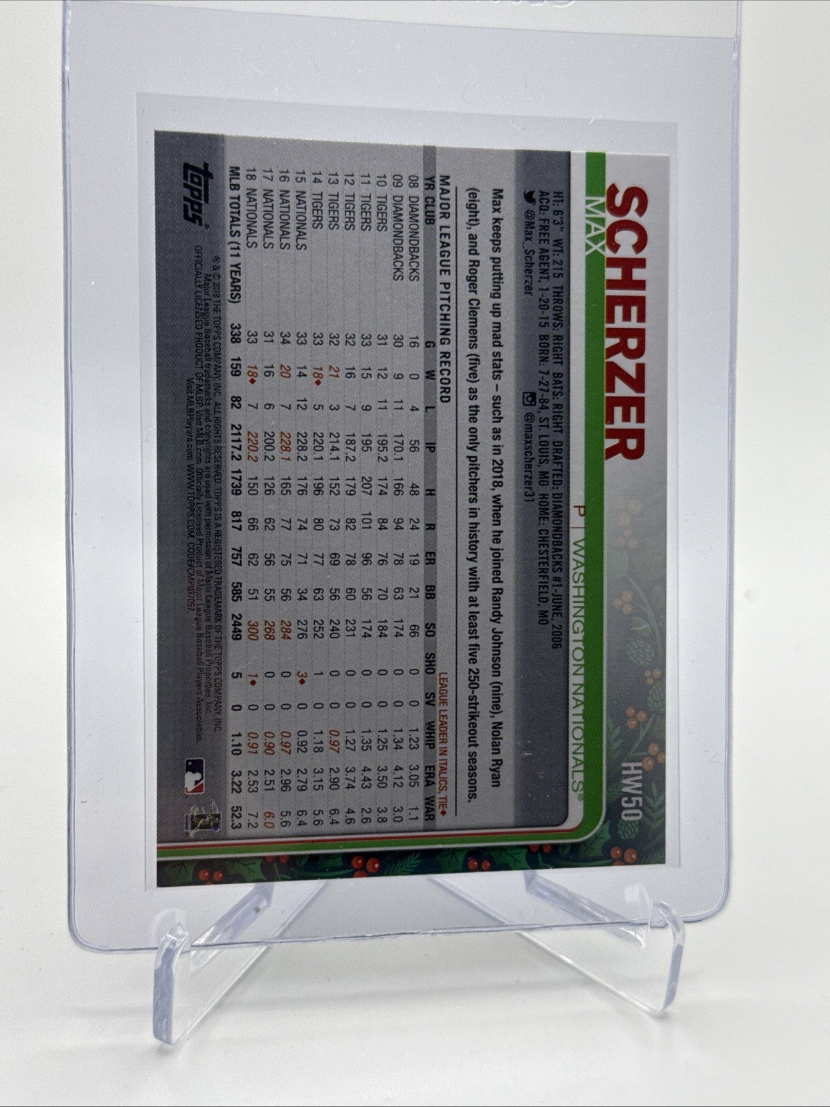 2019 Topps HOLIDAY Max Scherzer Baseball Card #HW50 Mint FREE SHIPPING