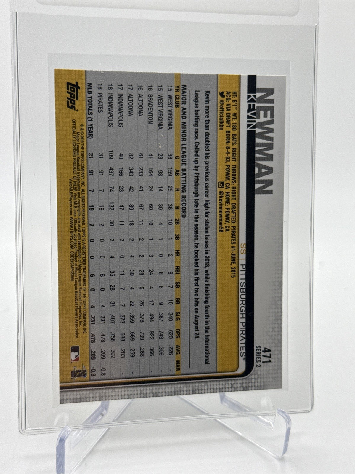 2019 Topps Kevin Newman Rookie Baseball Card #471 Mint FREE SHIPPING