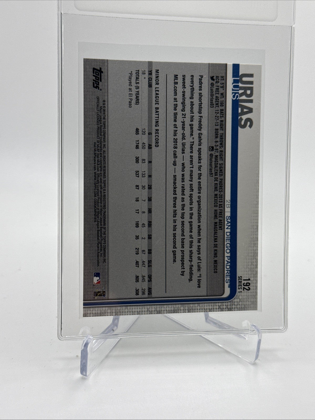 2019 Topps Luis Urias Rookie Baseball Card #192 Mint FREE SHIPPING
