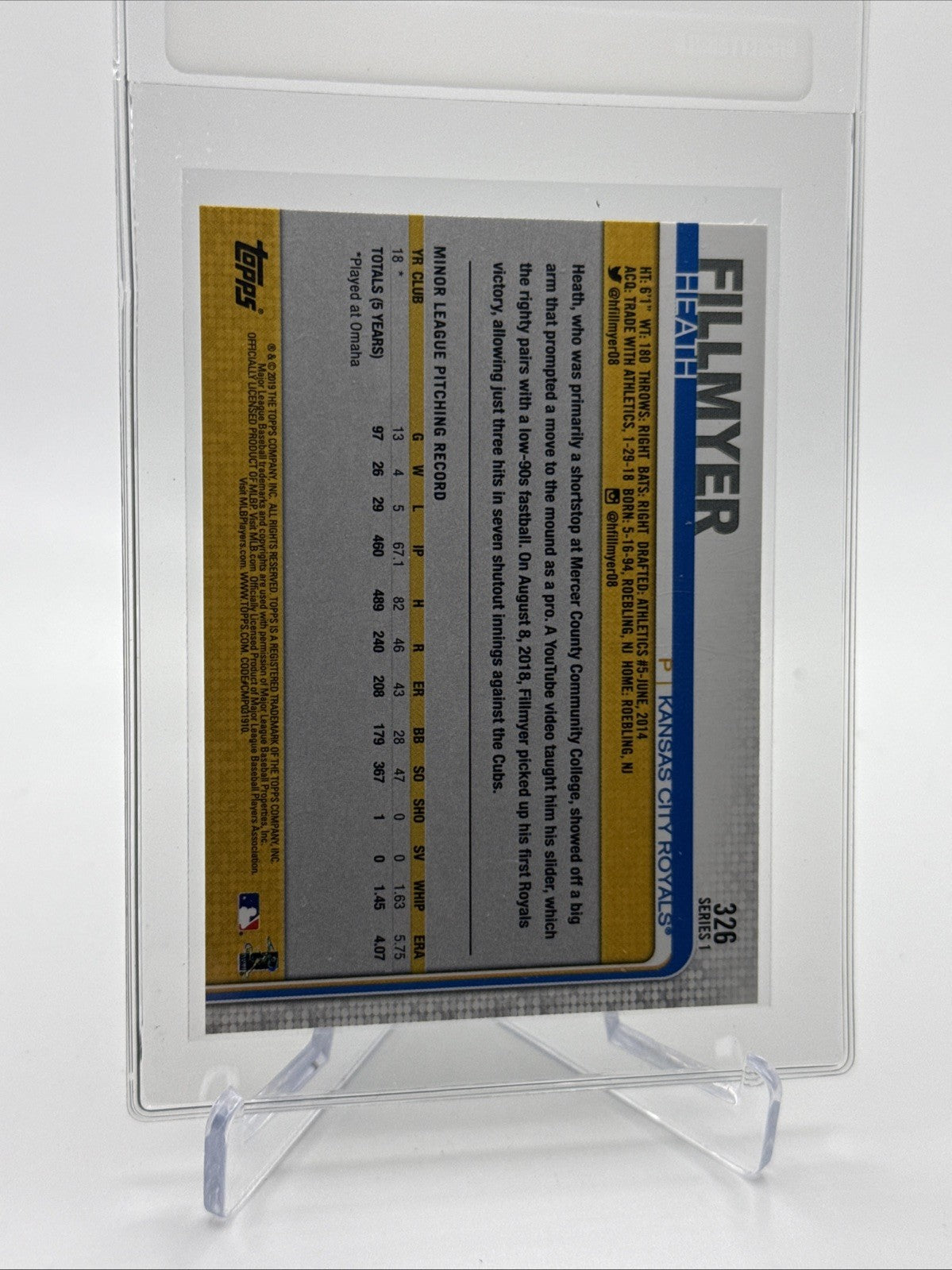 2019 Topps Heath Fillmyer Rookie Baseball Card #326 Mint FREE SHIPPING