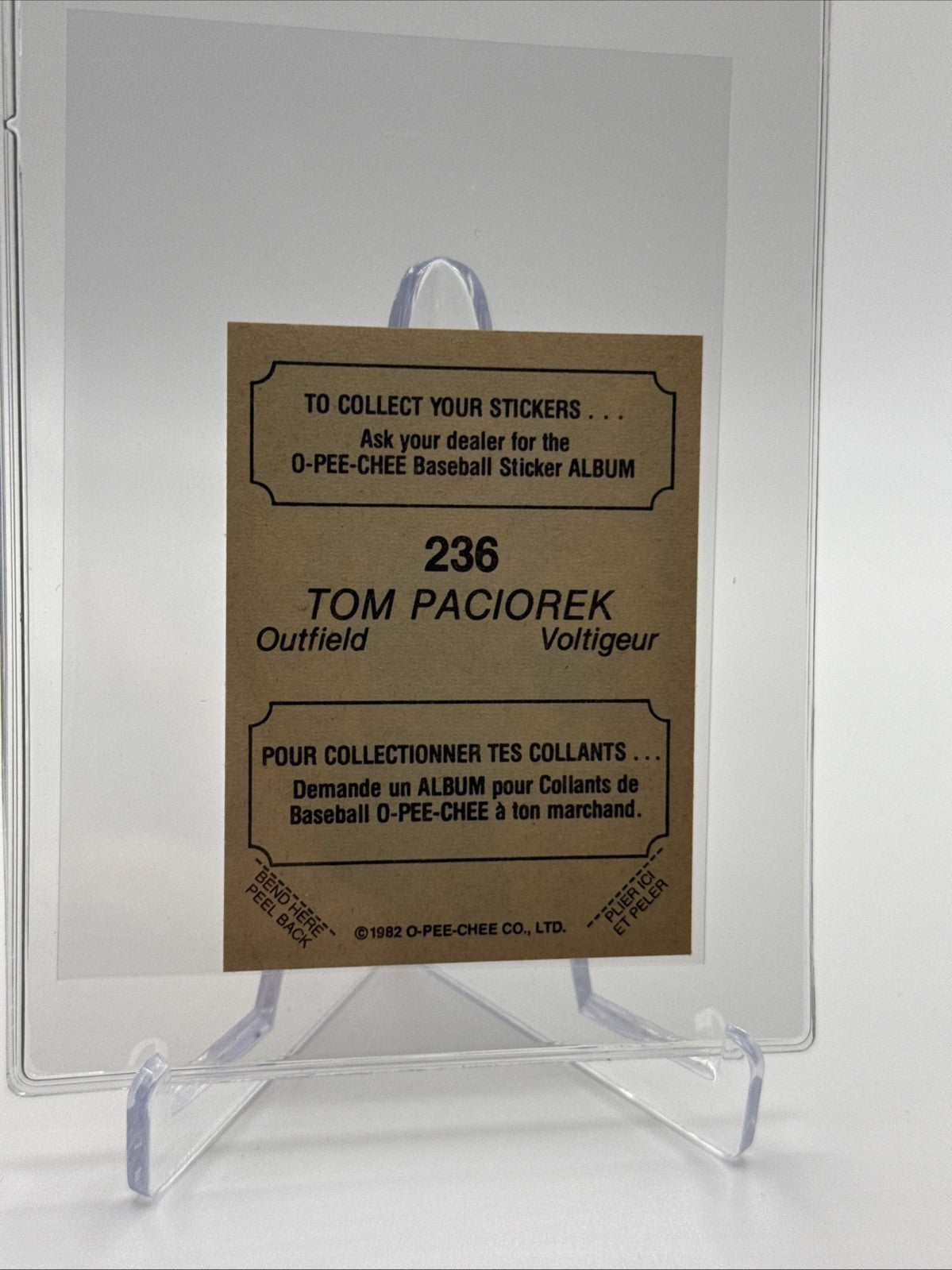 1982 O-Pee-Chee Stickers Tom Paciorek Baseball Card #236 NM-MT FREE SHIPPING