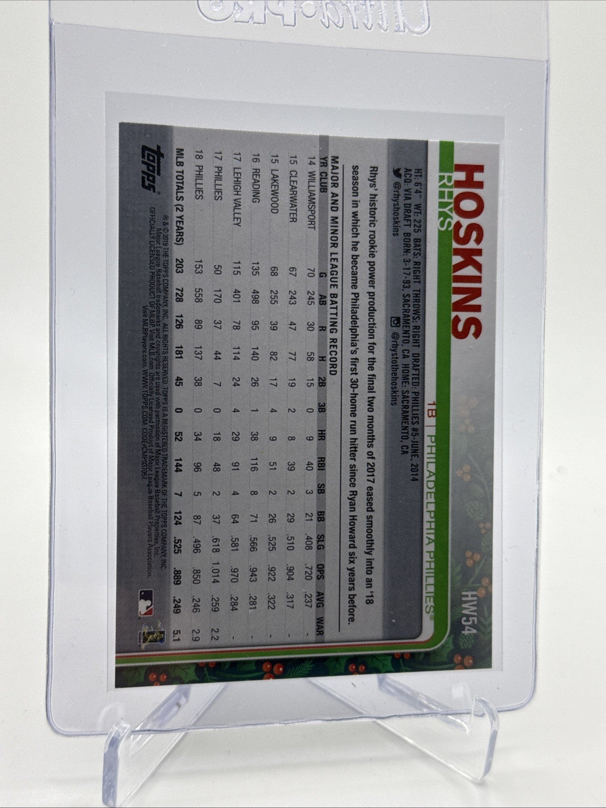 2019 Topps HOLIDAY Rhys Hoskins Baseball Card #HW54 Mint FREE SHIPPING