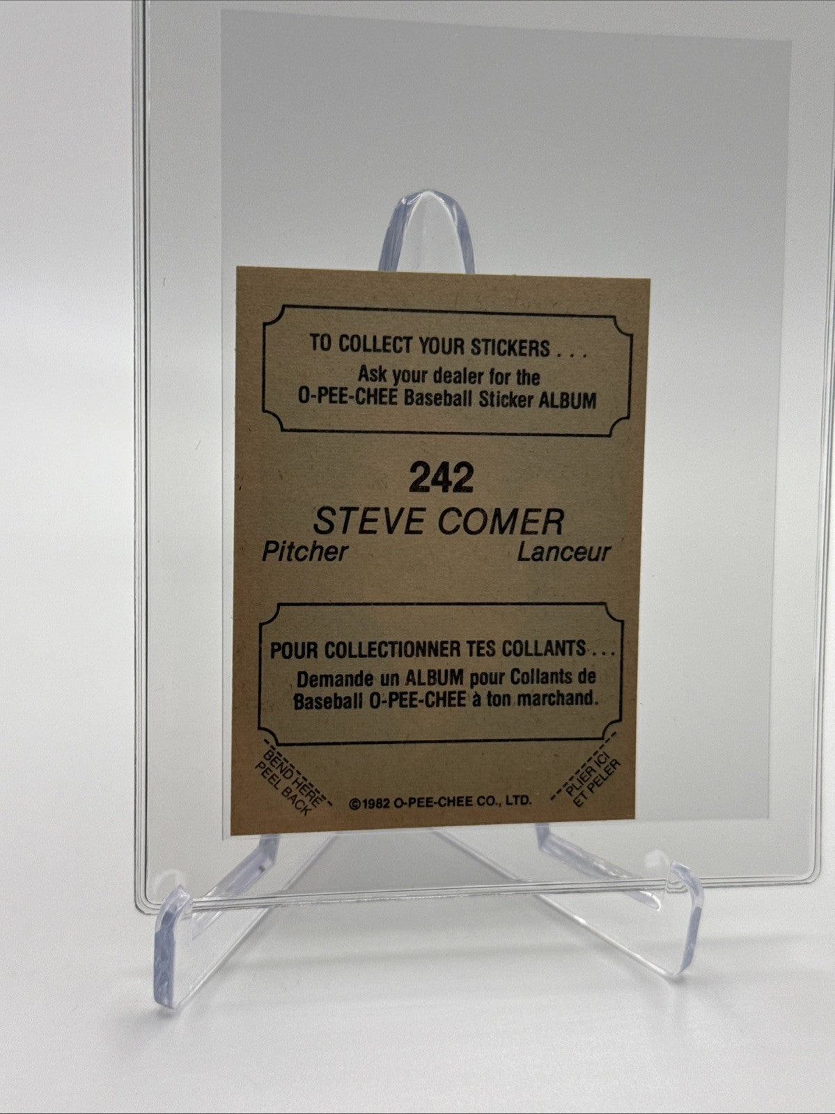 1982 O-Pee-Chee Stickers Steve Comer Baseball Card #242 NM-MT FREE SHIPPING
