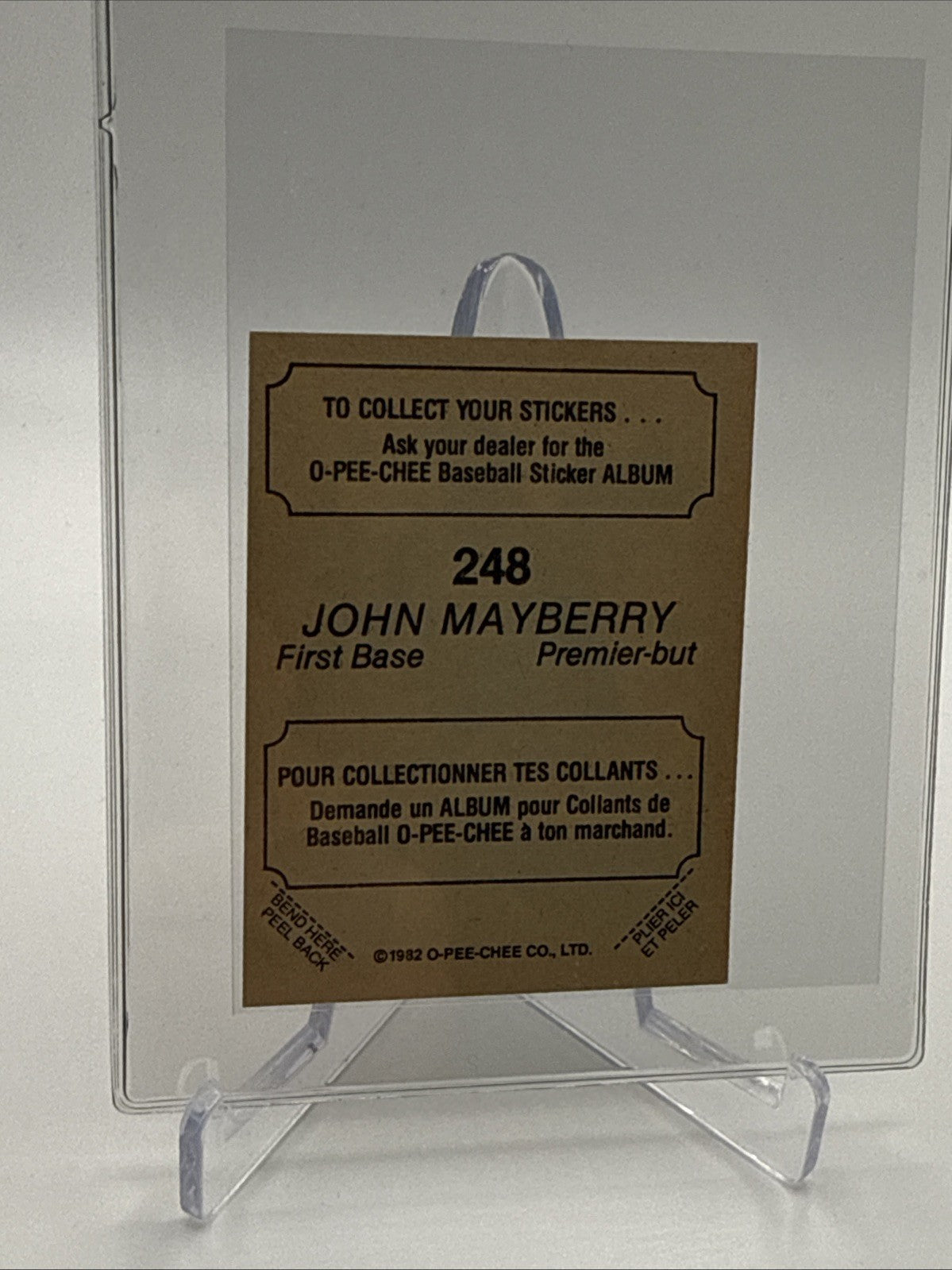 1982 O-Pee-Chee Stickers John Mayberry Baseball Card #248 NM-MT FREE SHIPPING