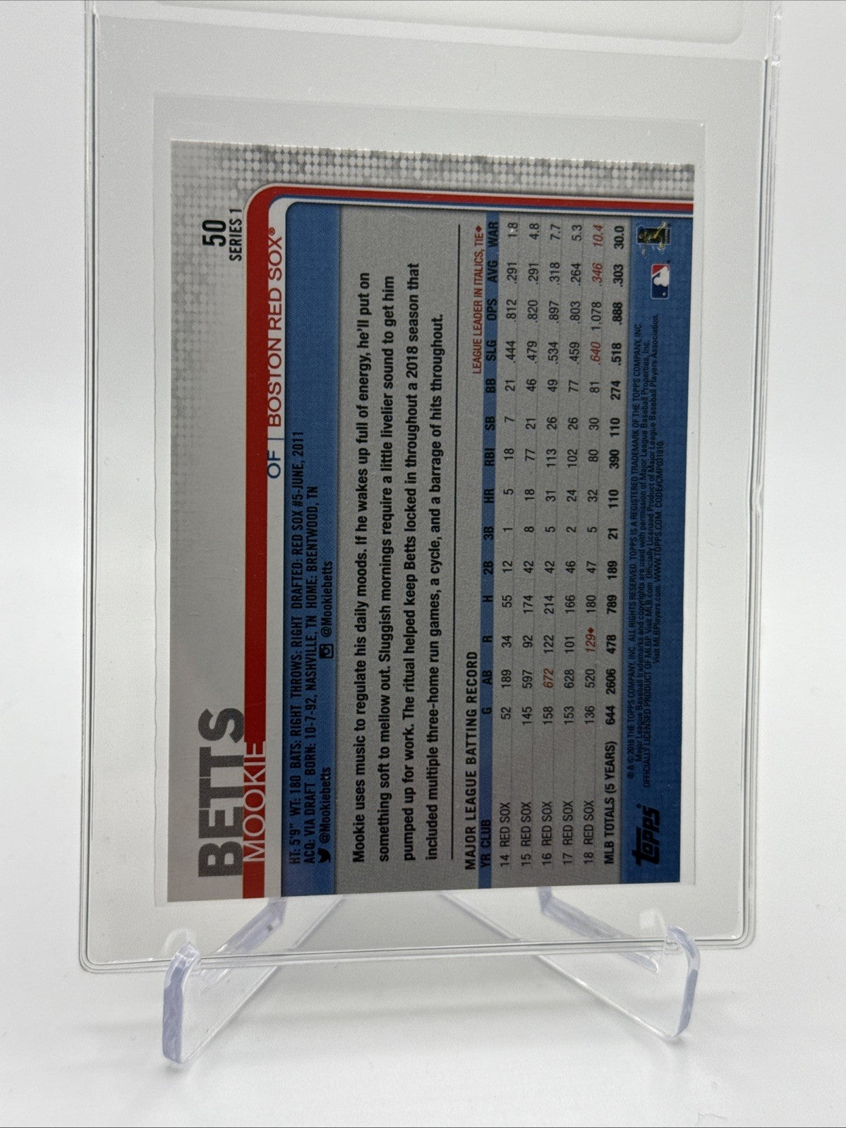2019 Topps Mookie Betts Baseball Card #50 Mint FREE SHIPPING