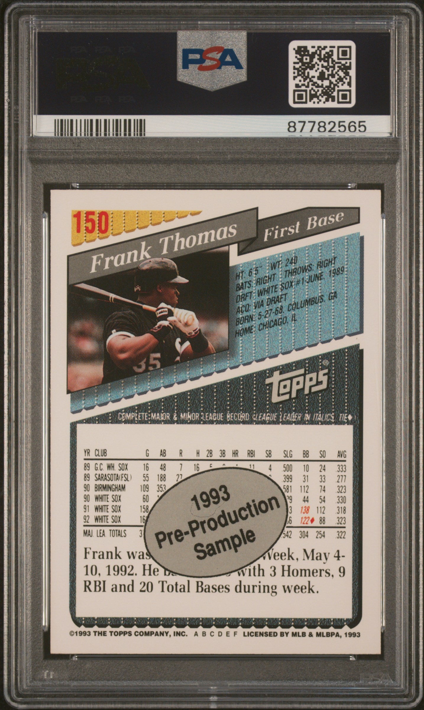 1993 Topps Pre-Production Baseball Frank Thomas #150 PSA 10 87782565