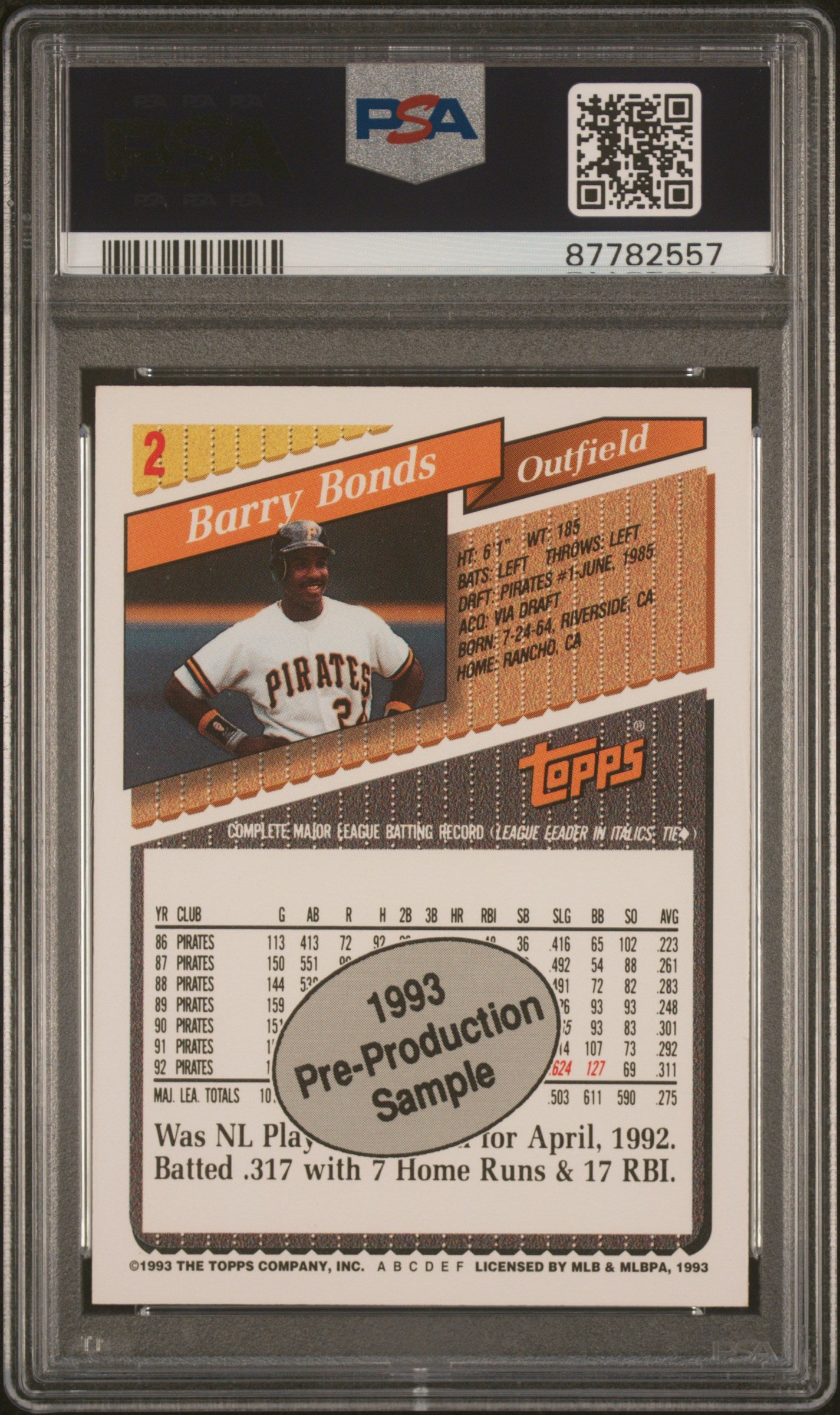 1993 Topps Pre-Production Baseball Barry Bonds #2 PSA 10 87782557 POP 5