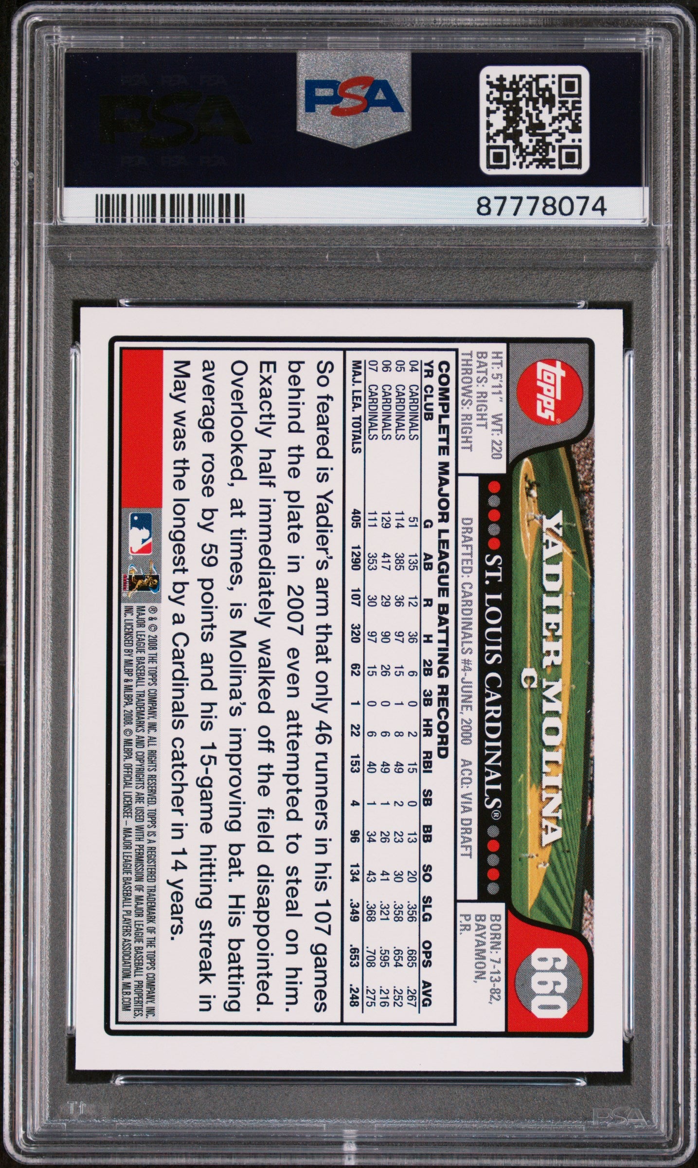 2008 Topps Baseball Yadier Molina #660 PSA 10 87778074